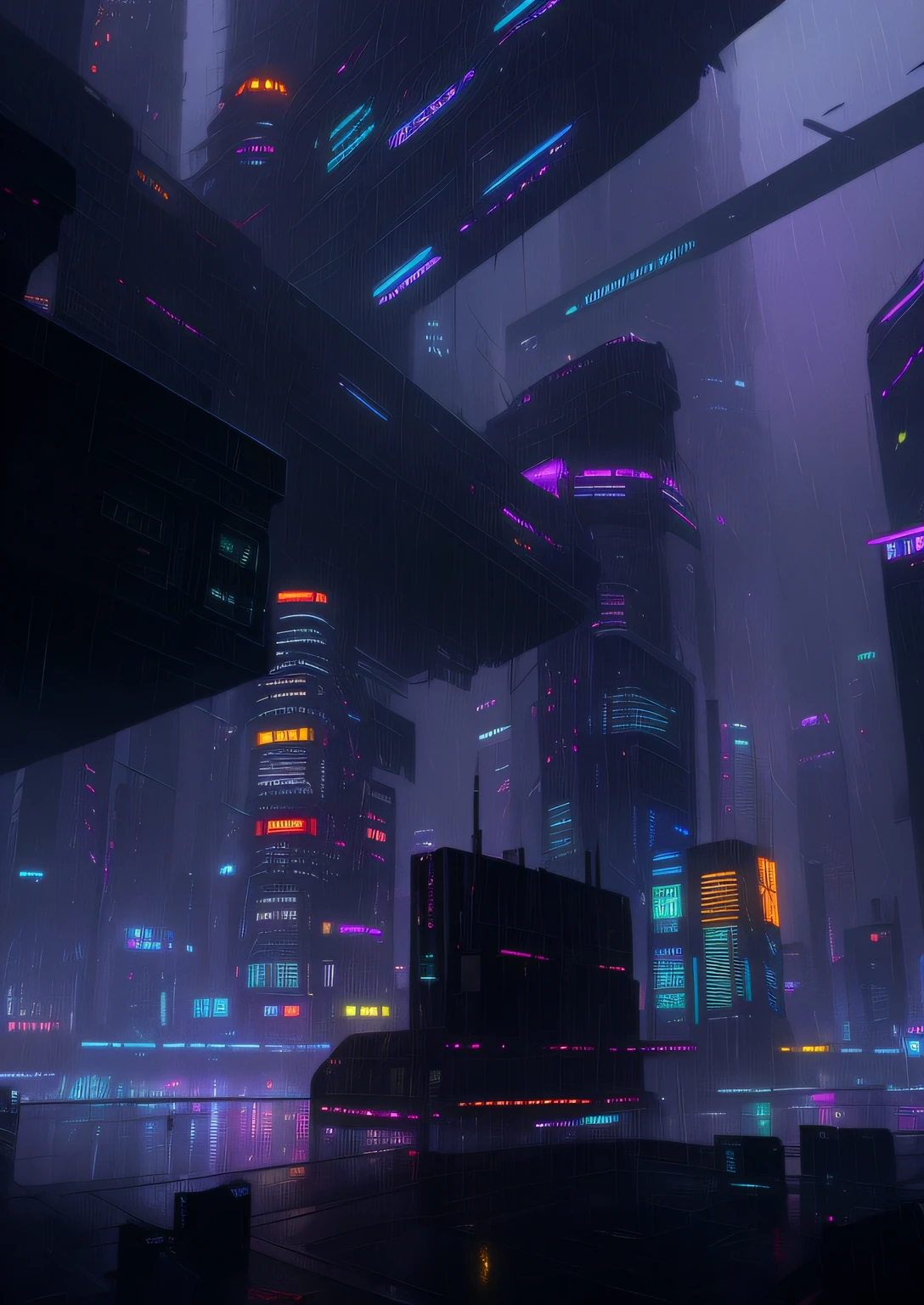 A painting of a city where night rain pours, rainy cyberpunk city, Dramatic lighting. concept-art, looming over a city, scifi nightscape, Stylized urban fantasy artwork, Dystopian digital concept art, dramatic concept art, urban concept art, an alien cityscape, cyberpunk city landscape, cyberpunk city landscape, cyberpunk city in the distance