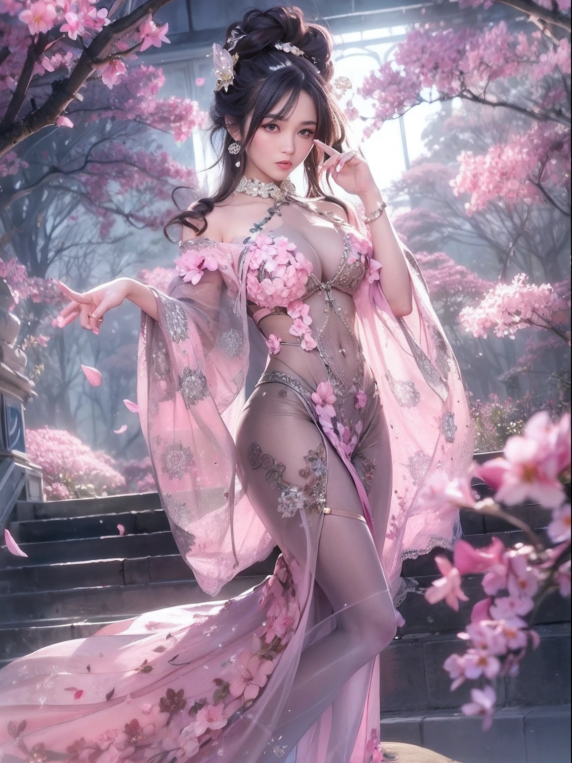 loose outfit、Show shoulders、Navel Ejection、How to wear a gown with a dark see-through halter neck broken、Decorated with intricate patterns and pastel colors、Transparent material that makes the skin shine、Artistic depiction of seductive woman in gown with wet thin cloth and transparent skin, Floral and fantastic pattern with flowing silky traditional see-through skin。Her dress draped elegantly around her curvaceous figure、Emphasizes her charming silhouette。She's a gentle fireworks night、Dynamic Posing、Sexy Posing、bathed in the soft glow of moonlight。The scene is、With a hint of mystery and sensuality、It exudes an ethereal dreamy atmosphere。The image style is、It incorporates a blend of watercolor and digital illustration techniques.、It makes you feel delicate beauty and charm。Soft moonlit lighting、Cast gentle highlights and shadows on her mesmerizing features。Dynamic Posing、Bold poses、The hand is somewhere、see -through、show through、A sexy、Wet hair、Wet、cherry trees、flower petals、cherryblossom、The cherry tree、Sakura blizzard、buried、Transparent skin、Wet clothes、Chest Pulling、Translucent clothes、Eau、nudde、garterbelts、fishnet tights、huge moon、Upper body photography、masutepiece