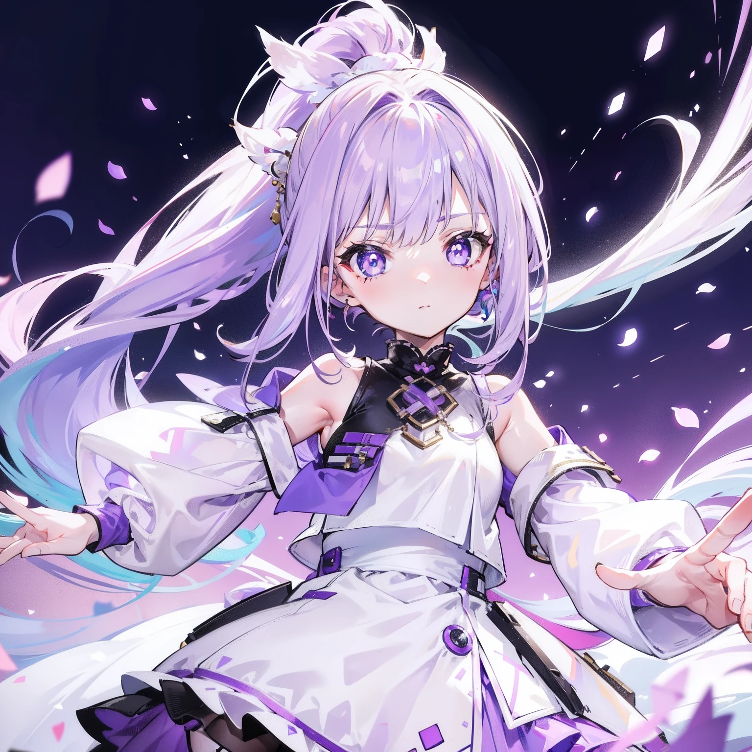 Lilac hair and ponytail,Milky white and bright light purple pupils and clothes,Petite figure,Very small, a sweet loli,It's a soft girl