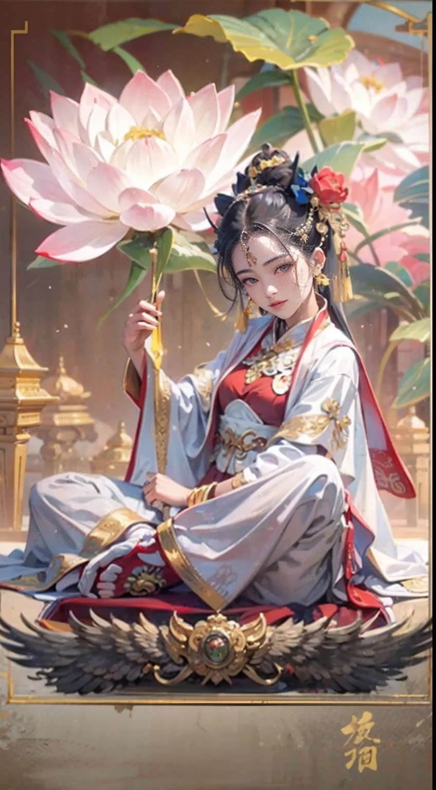 （Chinese immortals）, （Buddhism）, Multip_Hands，（mythological stories）, （bodhisattva）, She sits on a lotus, （Three hands on the left，Three hands on the right, Each hand holds a different Buddhist vessel, left right symmetry），（Delicate and beautiful face）, （White silk robe）sitting on a lotus flower, Frontal photo，Light smile, neo-classical, OP Art, Chiaroscuro, Cinematic lighting, god light, Ray tracing, character sheets, projected inset, first person perspective, hyper HD, Masterpiece, ccurate, Textured skin, Super detail, High details, High quality, Award-Awarded, Best quality, A high resolution, Exquisite and perfect facial features，美丽细致的眼睛，long eyelasher，Delicate eyeliner，almond eyes，Beautiful lip details，8K high-definition，anatomy correct，Oil painting thick painting style