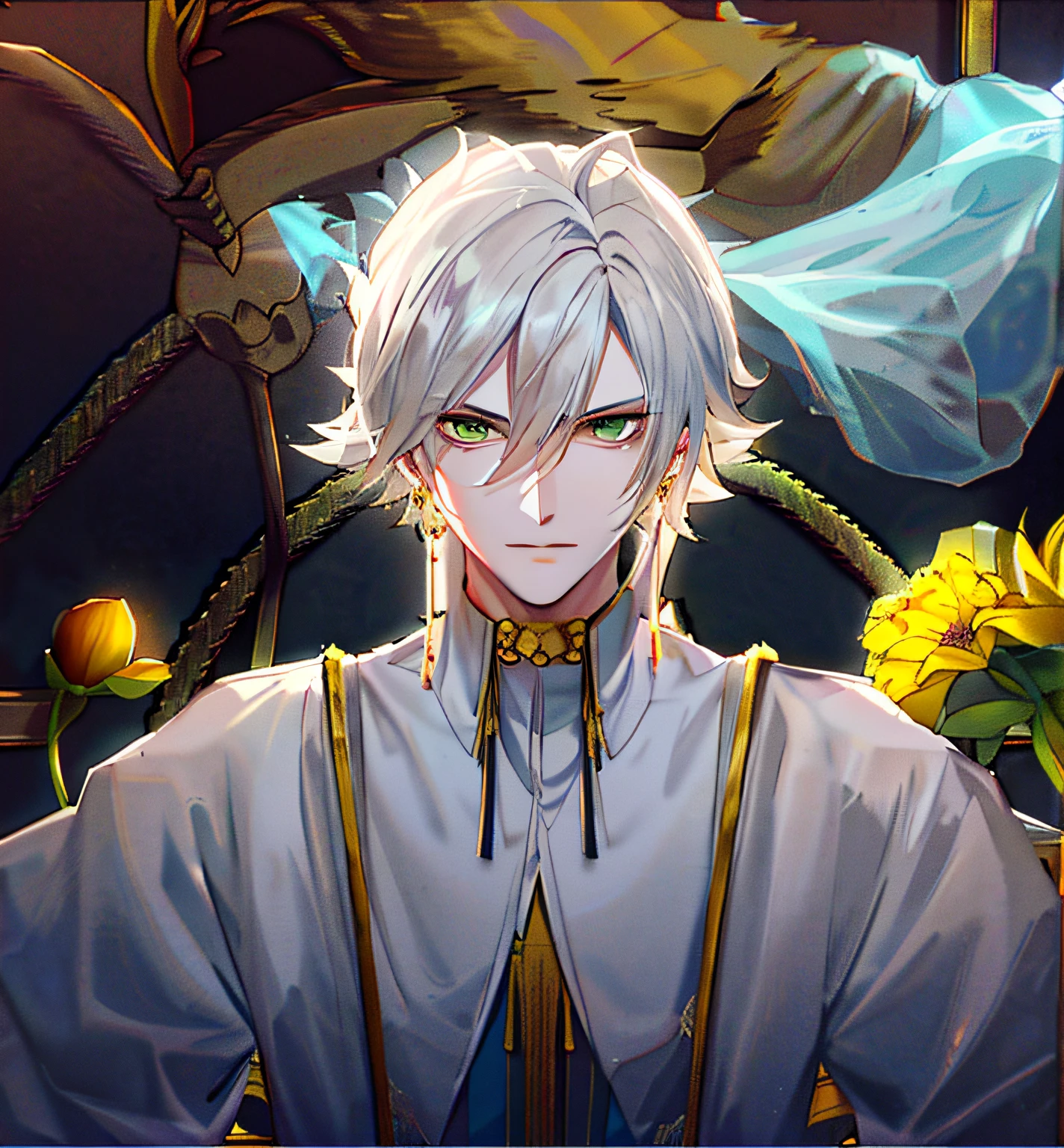 Anime - a stylistic image of a man with white hair and green eyes, White-haired god, Delicate androgynous prince, Beautiful androgynous prince, coronation of the flower prince, portrait of magical blond prince, attractive male deity, wearing gilded ribes, beautiful male god of death, handsome japanese demon boy, intricate ornate anime cgi style, gilgamesh, White King