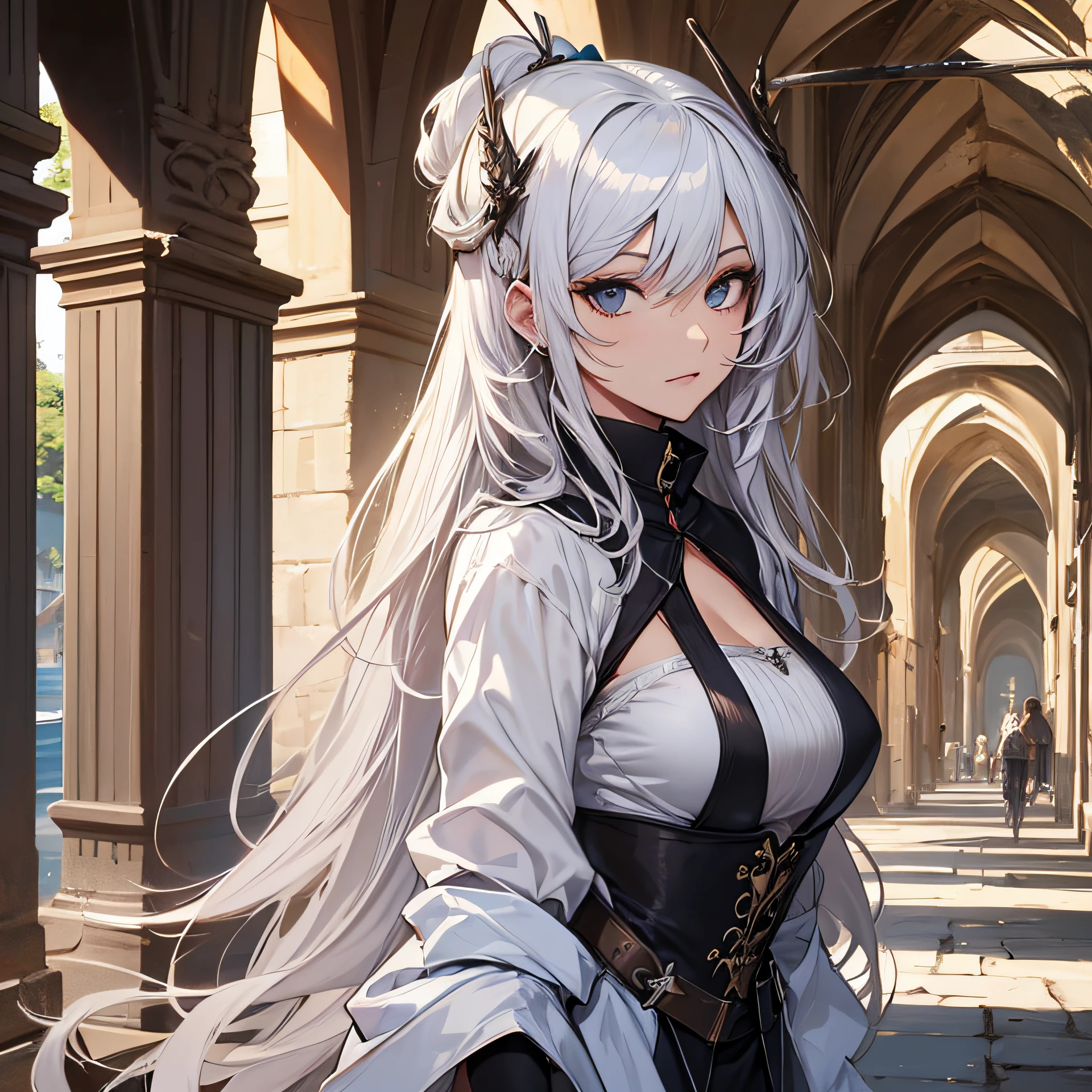 ((o melhor de sempre)), ((qualidade superior)), master part, medieval, melhor qualidade, garota, cabelos verde, busto, roupas pretas, estilo anime, fundo branco