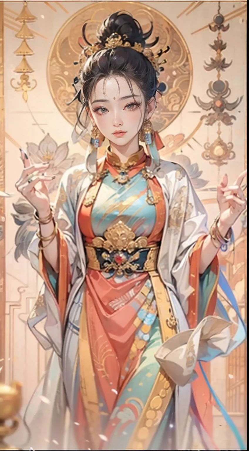 (Chinese immortals), (Buddhism), Multip_Hands,(mythological stories), (bodhisattva), She sits on a lotus, (Three hands on the left,Three hands on the right, Each hand holds a different Buddhist vessel, left right symmetry),(Delicate and beautiful face), (White silk robe)sitting on a lotus flower, Frontal photo,Light smile, neo-classical, OP Art, Chiaroscuro, Cinematic lighting, god light, Ray tracing, character sheets, projected inset, first person perspective, hyper HD, Masterpiece, ccurate, Textured skin, Super detail, High details, High quality, Award-Awarded, Best quality, A high resolution, Exquisite and perfect facial features,美丽细致的眼睛,long eyelasher,Delicate eyeliner,almond eyes,Beautiful lip details,8K high-definition,anatomy correct,Oil painting thick painting style