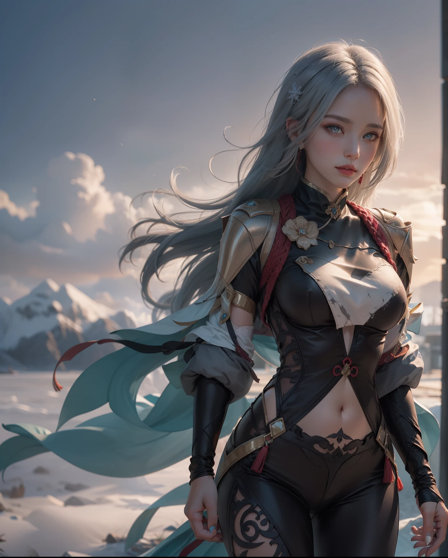 shenhedef, Upper body, Seductive look, blush, Outdoors, Snowflake landscape, Looking at Viewer, cloudy, Moody lighting, (perfect detail eyes:1.2), Glowing eyes, (Long hair braid:1.2), Elemental Skill Effects, (masutepiece, Best Quality, High quality:1.4), Professional artwork, Intricate details, field of views, Sharp Focus, detailed paintings, photorealistic lighting, trending on pixiv, (Vibrant lighting, Vibrant colors:1.05), Realistic Shadows, Ambient Occlusion, (athletic bodies:1.3), Mature Woman, 30-years old,anklets、