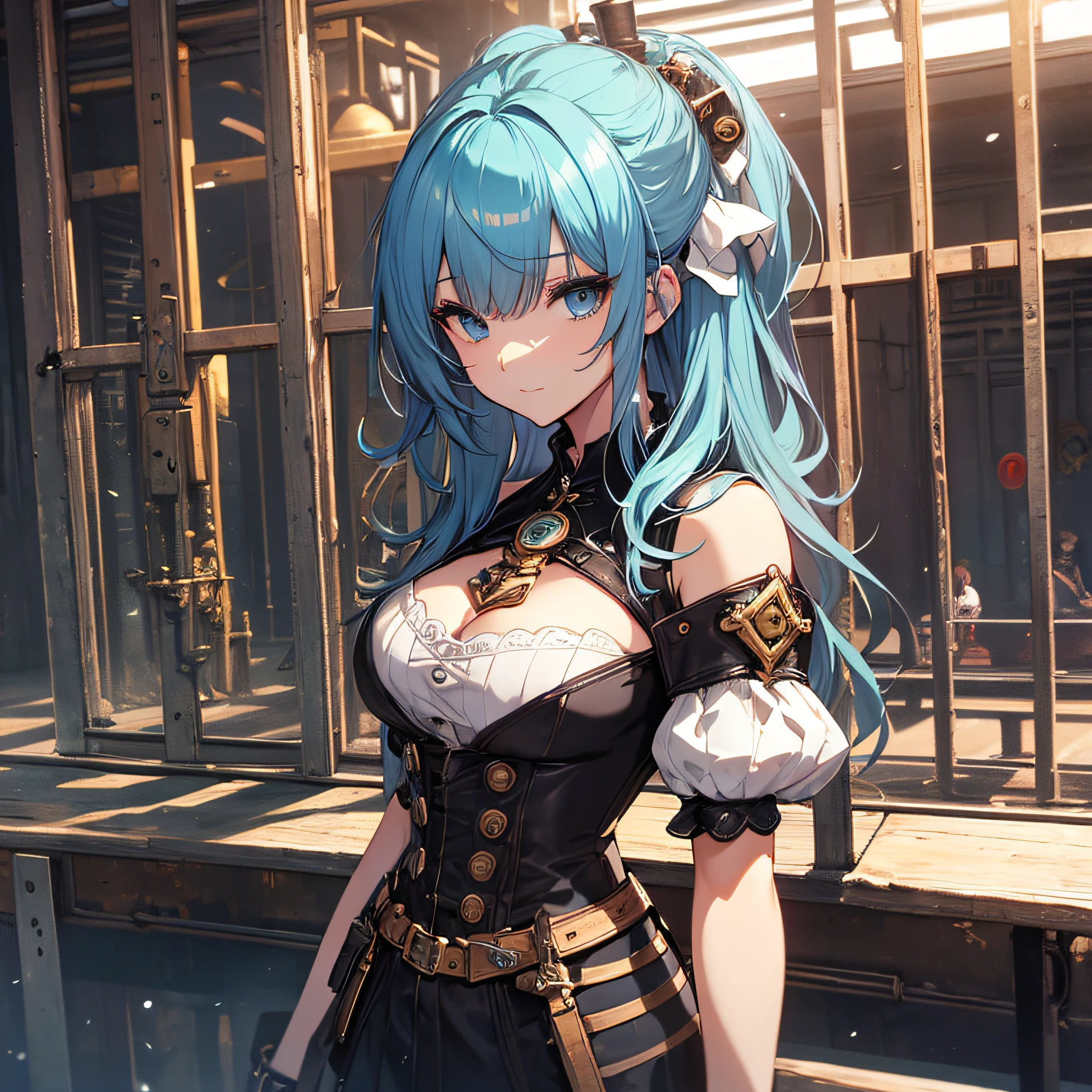 ((o melhor de sempre)), ((qualidade superior)), master part, steampunk, melhor qualidade, garota, cabelos azul, busto, roupas pretas, estilo anime, fundo branco