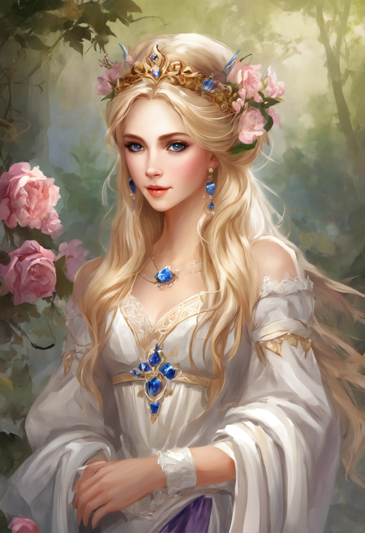 Fairy in the woods,hold a flower, princess portrait, Guviz-style artwork, blond-haired princess, portrait of princess, Guviz, Empress of France, portrait of a princess, portrait of princess zelda, in the art style of bowater, Baroque fluffy skirt,Fantasy art style, beautiful fantasy maiden,Exquisite and perfect facial features,美丽细致的眼睛,long eyelasher,Delicate eyeliner,Blue eyes,Dark pupils,There are bright spots in the eyes,almond eyes,Beautiful lip details,8K high-definition,anatomy correct,Oil painting thick painting style