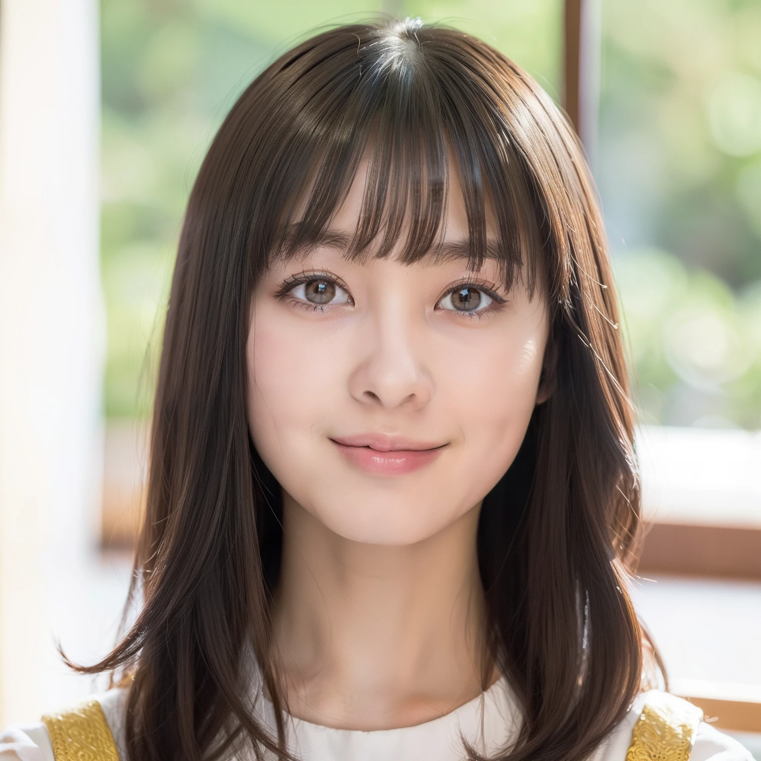 (top-quality、8K、​masterpiece:1.3))、1girl in、(Hairstyles Long)、The upper part of the body、二重まぶた、a smile、japanes、Beautuful Women、natural soft light、Bright photo、portlate、frontage