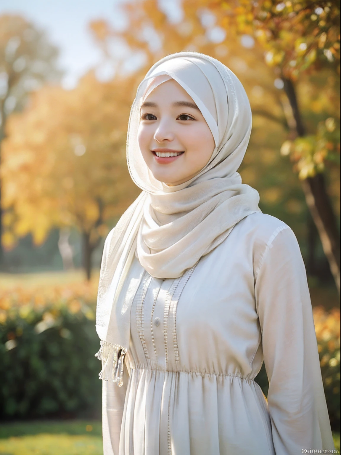(RAW photo, best quality), (realistic, photo-realistic:1.3), 1 girl, solo girl, full body photo, extremely delicate and beautiful, Amazing, finely detail, masterpiece, ultra-detailed, highres,(best illustration), (best shadow),intricate,depth of filed, On a summer afternoon, a lovely white female muslim dress with tunic, pashmina hijabs, hijab, In the golden hues of autumn, creating a soothing sound, shine eyes, immersing smile in harmony with nature, No hair seen,(blurry background:1.4), sharp focus, volumetric fog, 8k UHD, high quality, (film grain:1.4), apertur f/1.4,