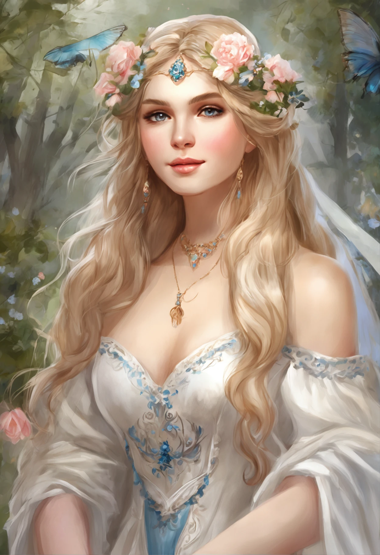 Fairy in the woods,hold a flower, princess portrait, Guviz-style artwork, blond-haired princess, portrait of princess, Guviz, Empress of France, portrait of a princess, portrait of princess zelda, in the art style of bowater, Baroque fluffy skirt,Fantasy art style, beautiful fantasy maiden,Exquisite and perfect facial features,美丽细致的眼睛,long eyelasher,Delicate eyeliner,Blue eyes,Dark pupils,There are bright spots in the eyes,almond eyes,Beautiful lip details,8K high-definition,anatomy correct,Oil painting thick painting style