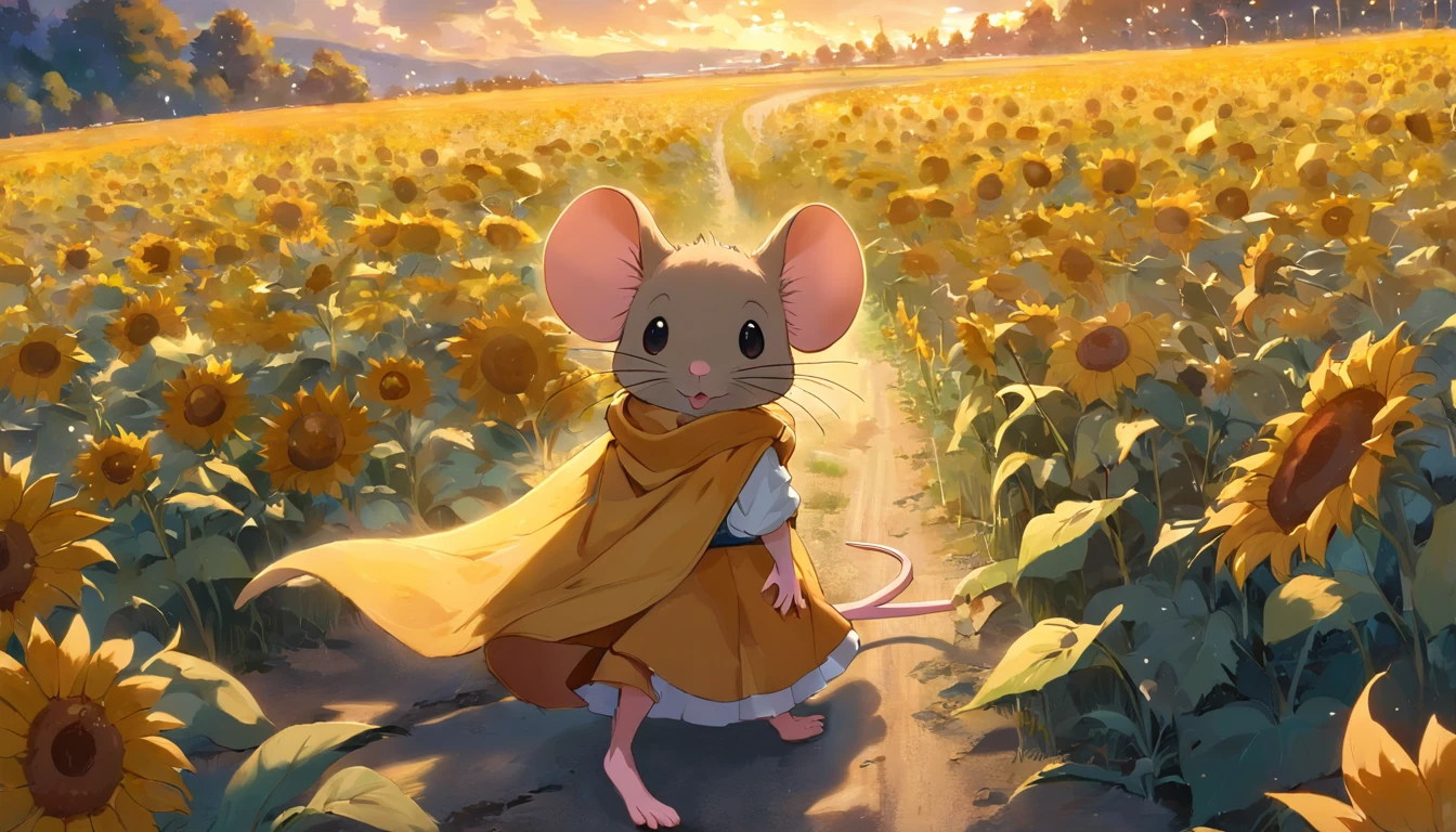 Big tail little mouse is a little painter,And the sunflower field,suns