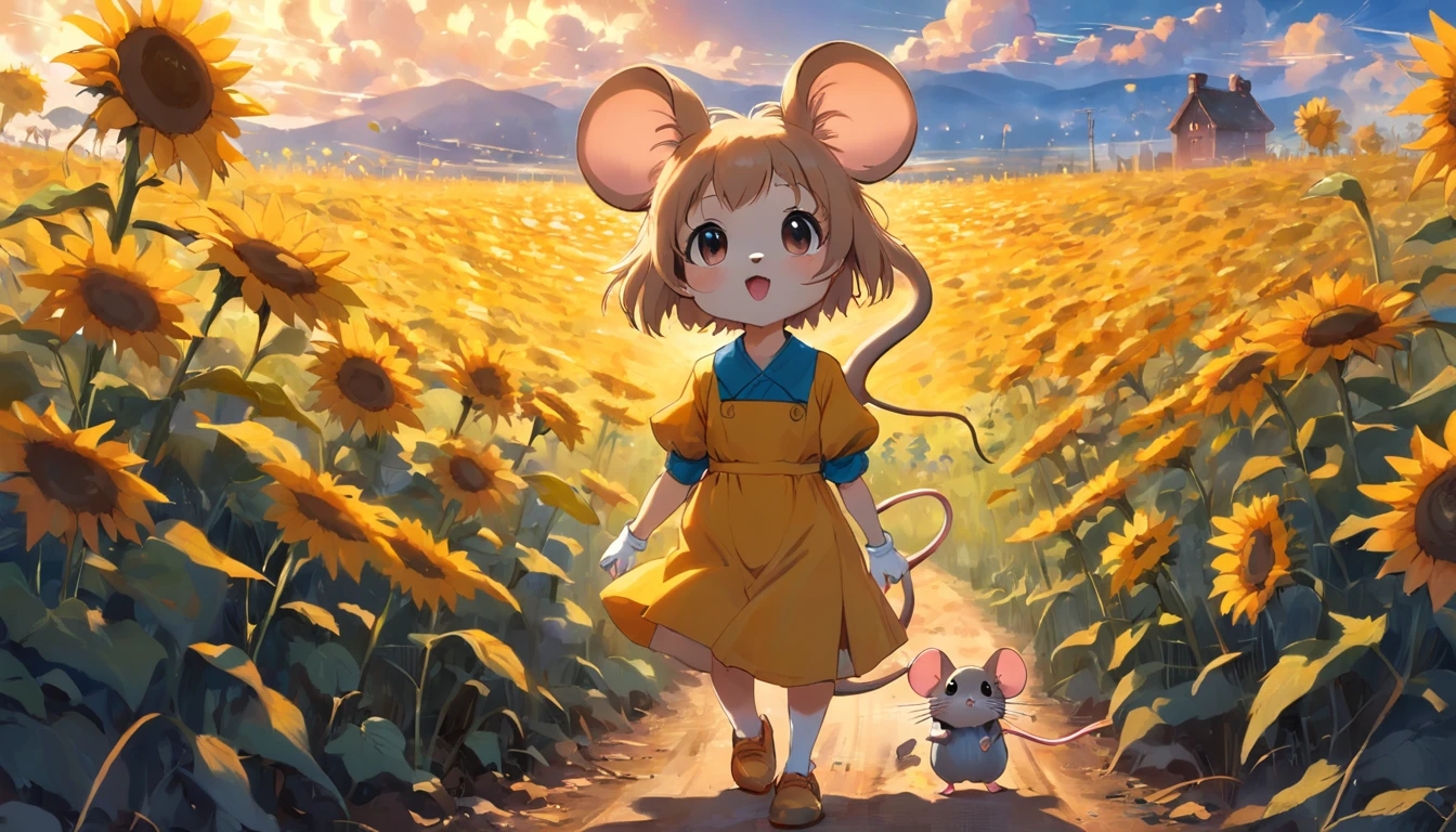 Big tail little mouse is a little painter,And the sunflower field,suns