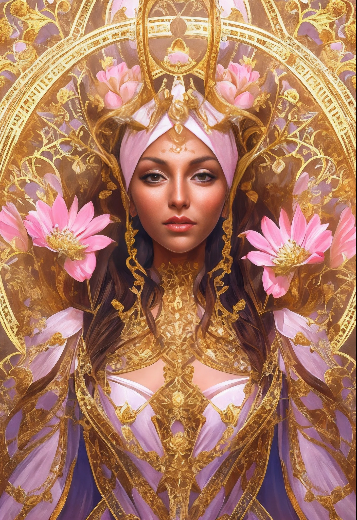 (symmetry:1.1) (portrait of floral:1.05) a woman as a beautiful goddess, (assassins creed style:0.8), pink and gold and opal color scheme, beautiful intricate filegrid facepaint, intricate, elegant, highly detailed, digital painting, artstation, concept art, smooth, sharp focus, illustration, art by greg rutkowski and alphonse mucha, 8k