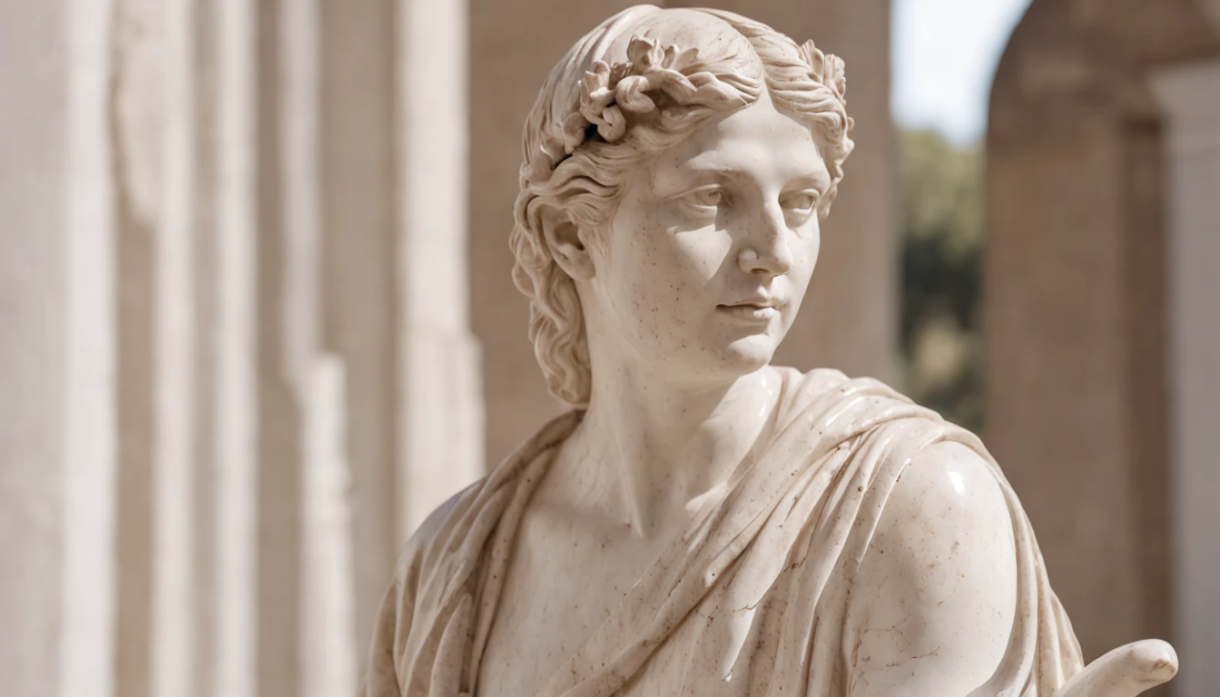 Image d'une femme rousse priant Aphrodite dans un temple grec antique, avec des colonnes. Elle porte une robe blanche avec des motifs grecs dorés, des bracelets en or et une couronne de fleur blanches. Des rayons de lumière pénètrent le temple en direction d'une grande statue d'Aphrodite. La femme vient apporter des offrandes à la déesse et la prier.