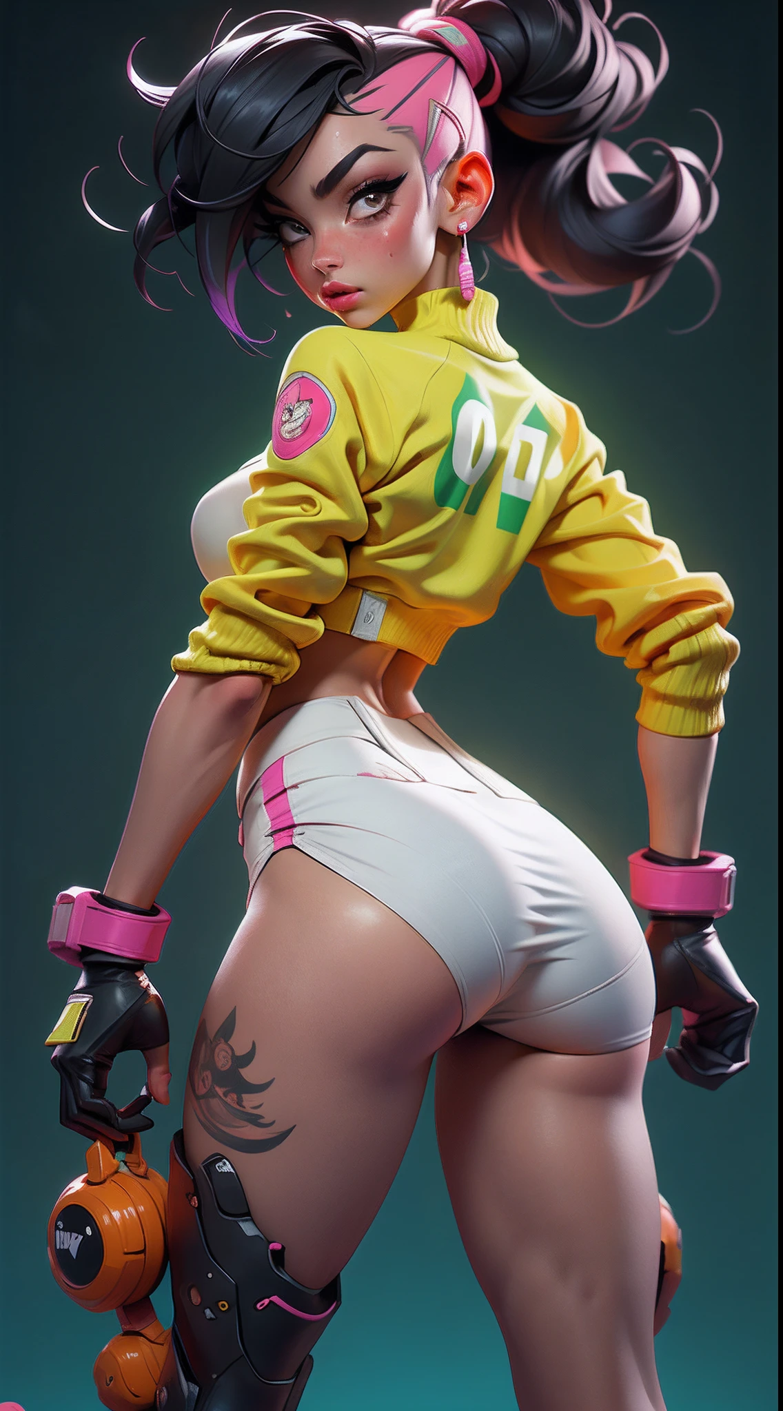 motor irreal:1.4,UHD,La mejor calidad:1.4, fotorrealista:1.4, textura de la piel:1.4, obra maestra:1.8,y pcalienteography ultra detallada, Juri Han,La chica bonita Juri Han de Street Fighter,posing from behind,Gimnasio cyberpunk, grande, guapa, neon light. lleva un (Orange Lingerie Socks Clothing),gimnasio, y un (Cuerda negra, white pattern :1.2) , ((beautiful and aesthetic)), sexy, senos grandes, caliente, pecho grande, Backward position, Gimnasio cyberpunk, gimnasio,,hermosas manos finas,