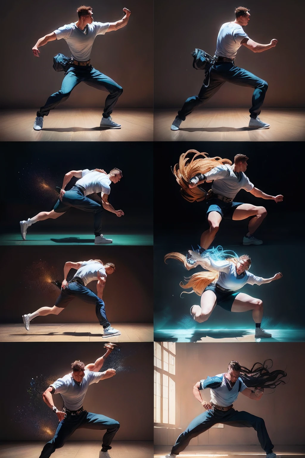 a group of photos of a character doing various poses, dynamic action poses, modern dance aesthetic, stunning action poses, Breakdance masculino e feminino, dinamic poses, dynamic dance photography, fullbody dynamic poses, contemporary dance poses, action pose reference, captures emotion and movement, inspirado em Michael Komarck, dynamic cinematic lighting, dynamic pose realistic, dramatic poses