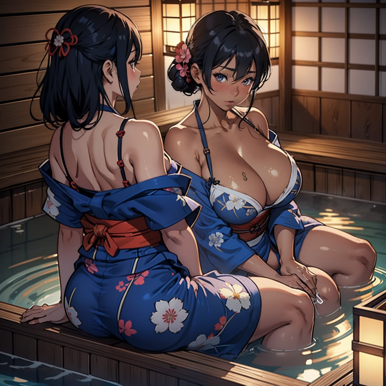 there is a woman that is sitting in a bath tub,(((A MILF: 1.4))), (Curvy:1.35),(((Dark skin)))，legs apart，Curvy physique, Fitness model, Thick body,blue yukata， (no bra),(no panties),(((cameltoe))),(((Breasts seem to overflow from yukata))),glue on breasts，Black areola ,Japanese onsen, high-end onsen, Onsen, sakimichan,  komono, model in Japan，((Sexual suggestiveness)),from behind