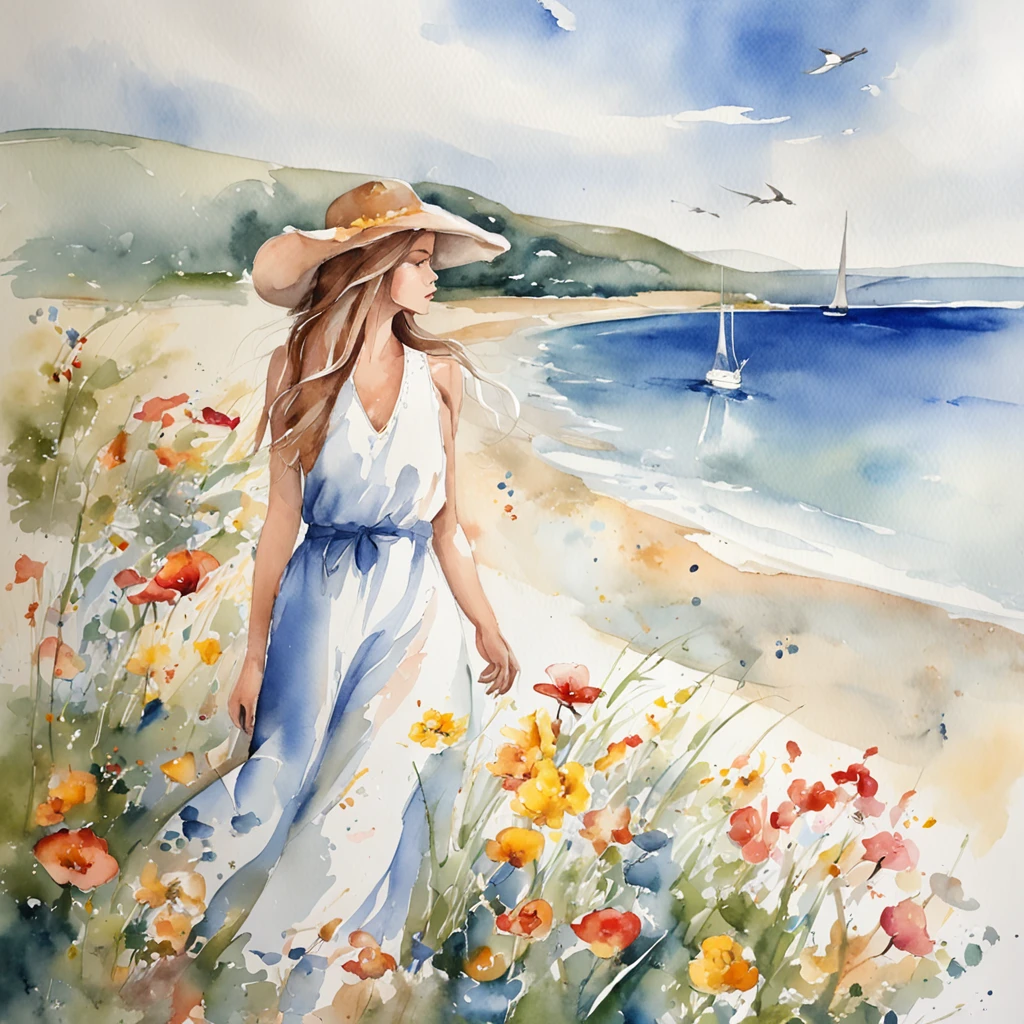 In the blue sky and expansive seascape、Watercolor-like colors are painted。There was a girl in a white dress.、It blends in with the surrounding scenery。