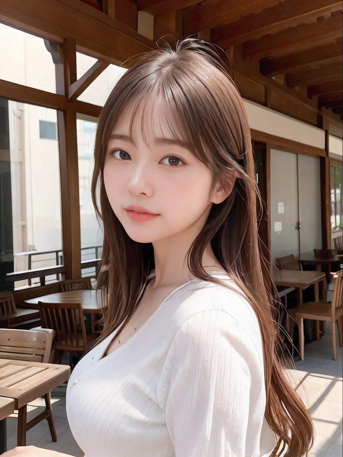 masutepiece、Supreme Beauty、Beautifully shaped breasts、masterpiece, 1 rapariga, 独奏、Thin white shirt、detail, depth of fields, 135 mm, Textured skin, Super Detail, High quality, awardwinning, Best Quality, hight resolution, 8K, de pele branca,Koi brown hair、Random hair、cute face、Gentle smile、Adult beauties、25-years old、1 person per Japan、Top image quality、Ultra-high resolution、8K、Bright sunshine、Delicate Photos、Unwind in a café、Realistic background