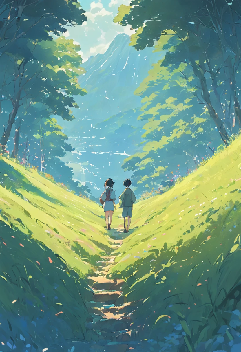 A blue-black meadow hillside that fills the entire picture，Pointillism，Estilo de Makoto Shinkai，succinct，High quality，The turf is rich in detail，Light sense，Shinkai sincerely
