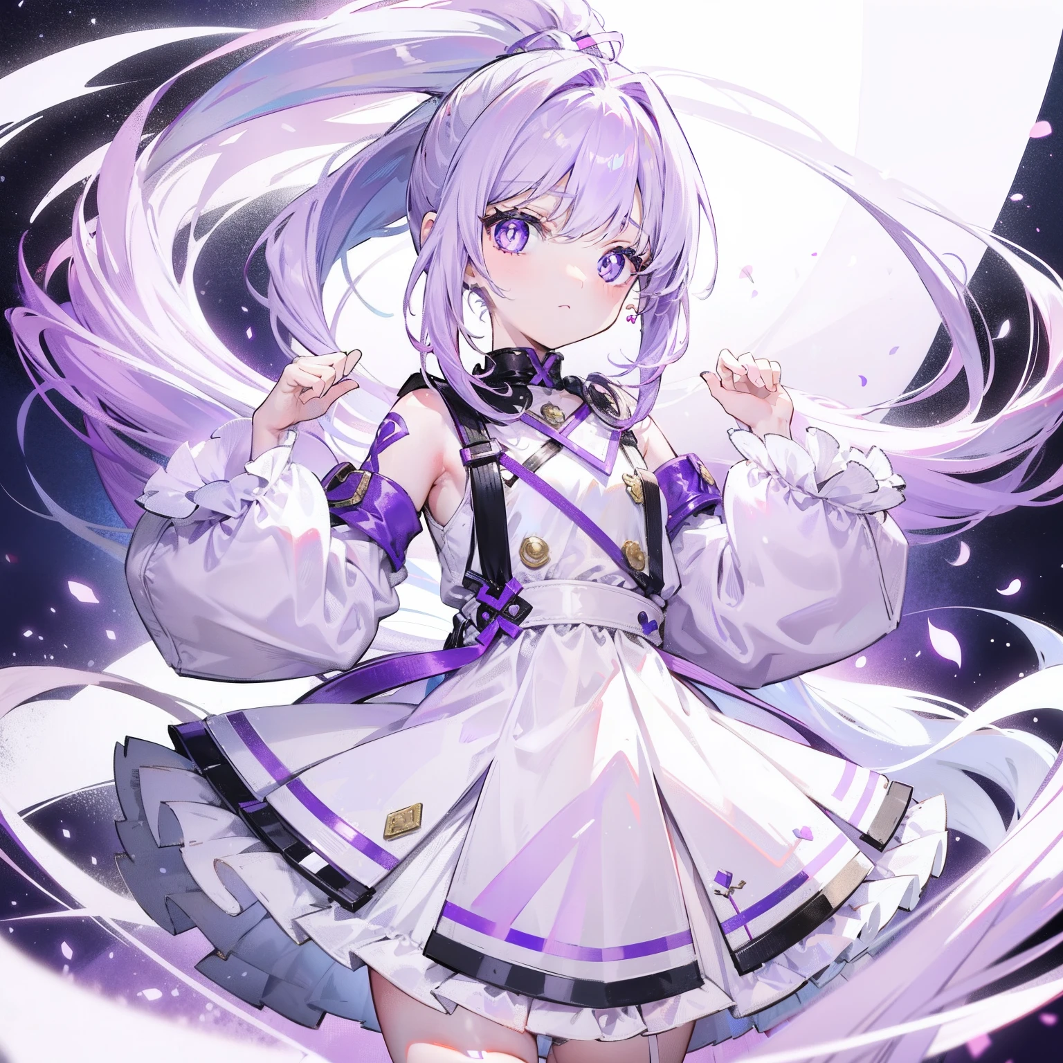 Lilac hair and ponytail,Milky white and bright light purple pupils and clothes,Petite figure,Very small, Sweet li,It's a fluffy girl
