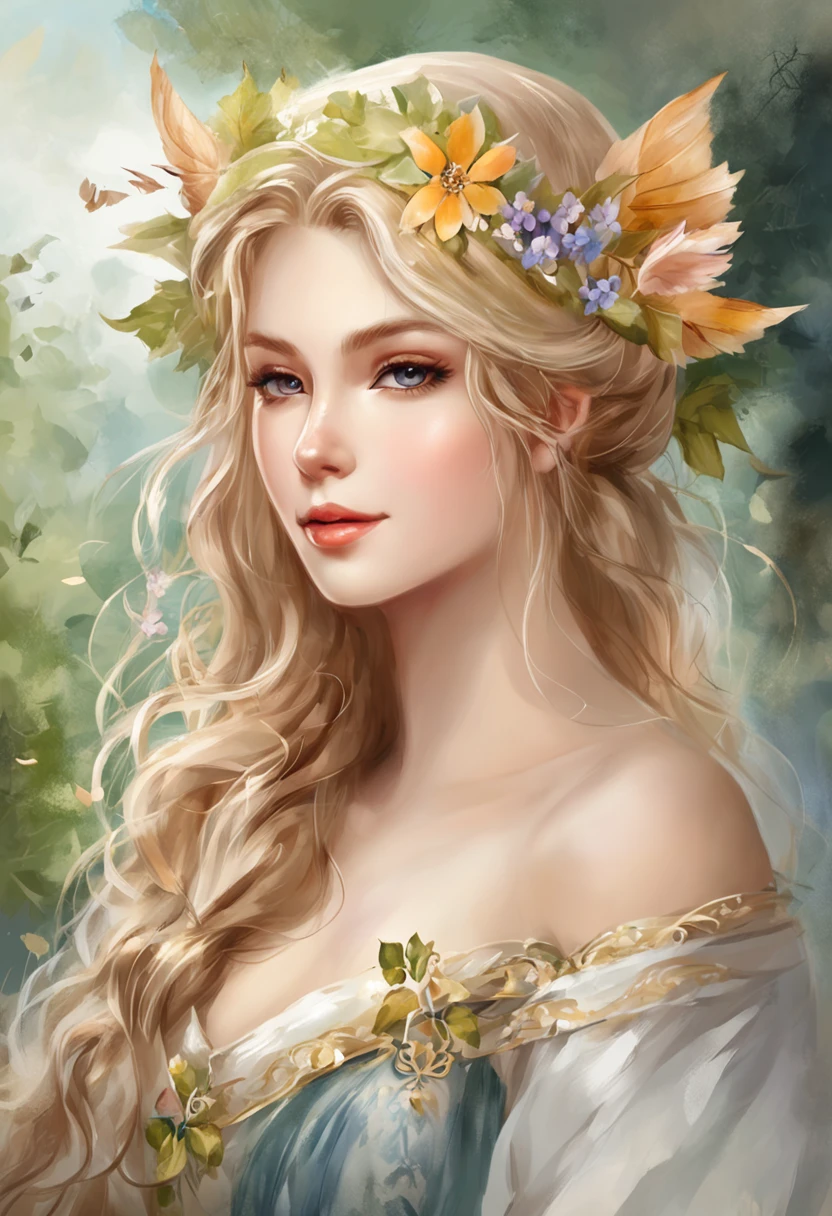 Fairies in the woods，hold a flower, princess portrait, Guviz-style artwork, blond-haired princess, portrait of princess, Guviz, Empress of France, portrait of a princess, portrait of princess zelda, in the art style of bowater, Baroque fluffy skirt，Fantasy art style, beautiful fantasy maiden，Exquisite and perfect facial features，美丽细致的眼睛，long eyelasher，Delicate eyeliner，Blue eyes，Dark pupils，There are bright spots in the eyes，almond eyes，Beautiful lip details，8K high-definition，anatomy correct，Oil painting thick painting style