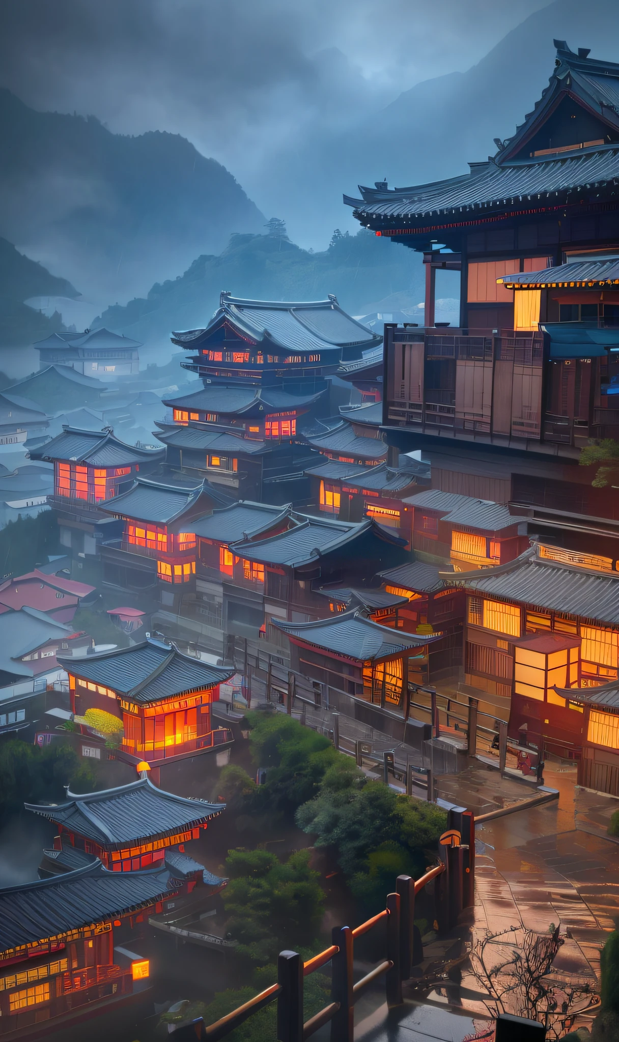 Great view from the garden,a lot of lights on the buildings,Fantastic house,Chinese village,Amazing wallpapers,A Japanese town,Japanese village,surreal photo of a small town,old asian village,Japan city,Raymond Han,rainy evening, Cyberpunk ancient Chinese castle, Well-lit building, In the evening in the rain, Beautiful and aesthetic, photography of, cinematic ligh, 8K, high detal ((very heavy rain)))