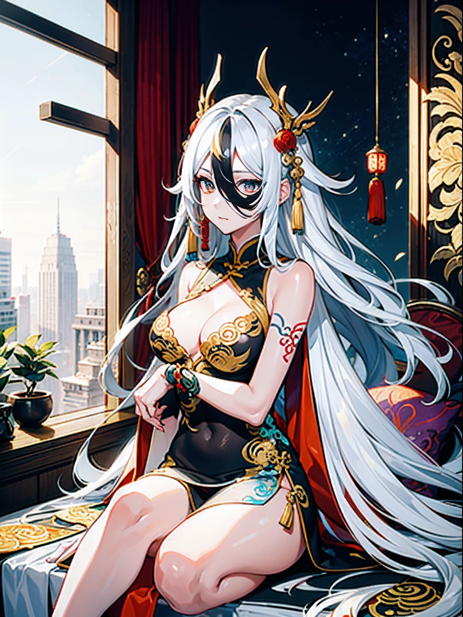 A woman with long white hair and expressive golden eyes in white attire with the sense of Chinese dragon style