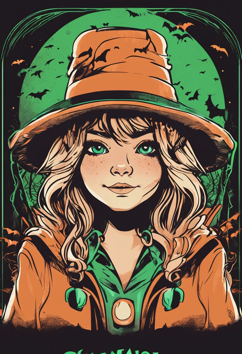 A 2D vector illustration of a cute anime girl Wicth Vibes Halloween with green eyes, unsettling wide grins, and a Halloween hat, surrounded by bats flying around in an outlined, white background