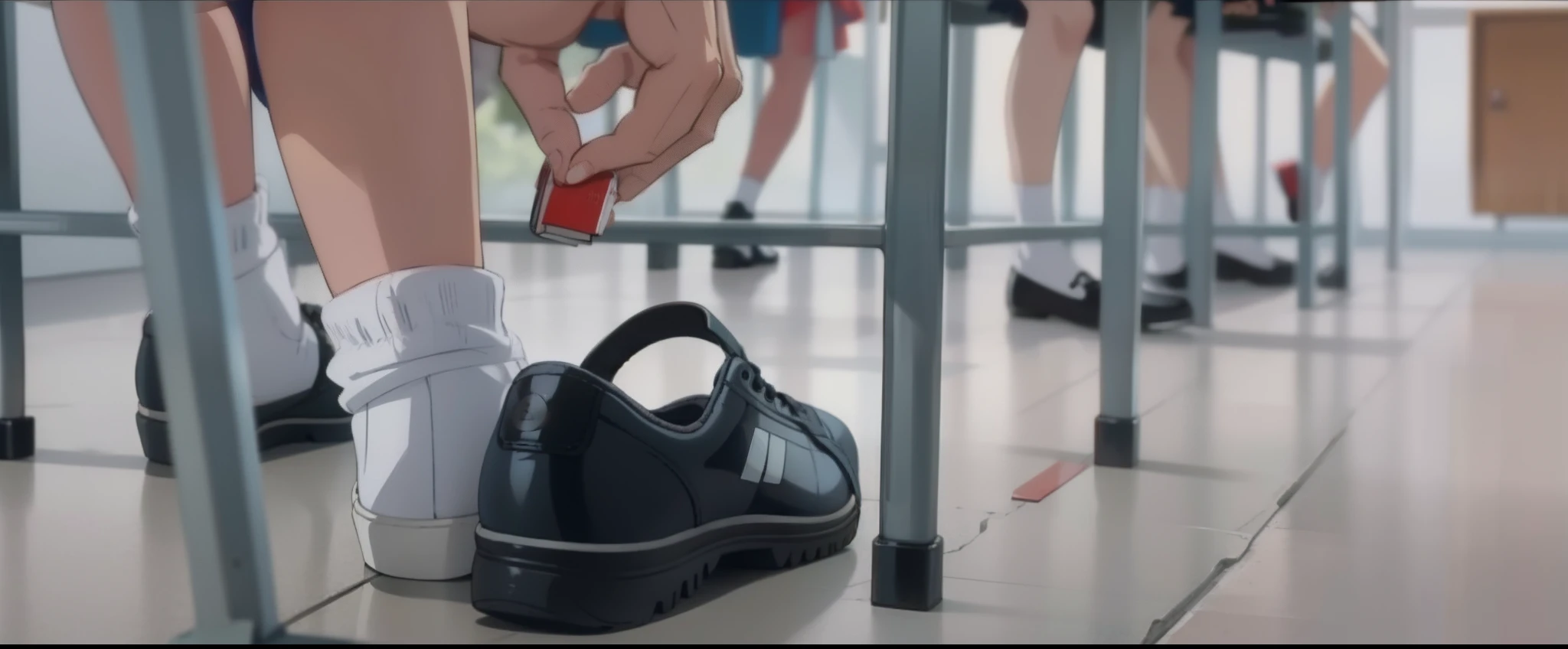 Anime scene, dropping red eraser in the shoes