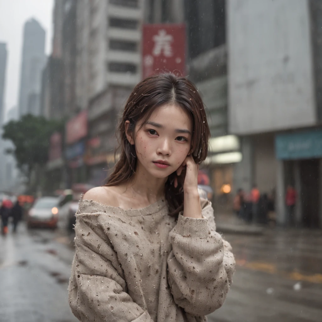 masterpiece, anatomically correct, textured skin, best quality, 8k,Real photo,1girl,Dirty face, Wearing a Dirty Tattered sweater,Messy hair,full body,The background is the streets of China's third tier cities that are raining,Similar to the streets of Kowloon in Hong Kong, dirty and messy