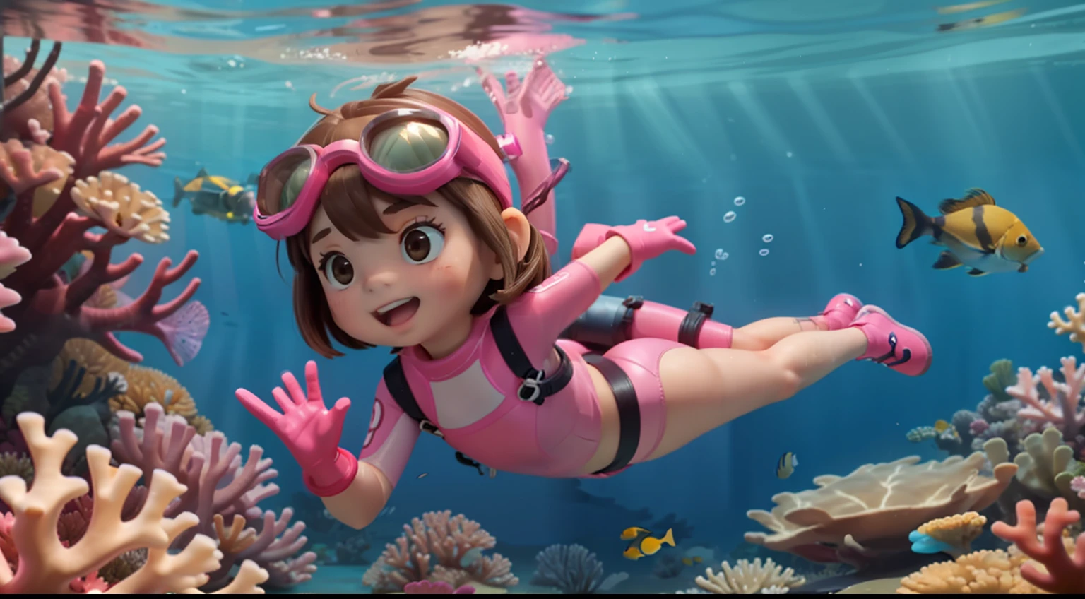 "High quality, masterpiece, 5-year-old little girl, brown hair, pink diving suit, diving goggles, pink diving gloves, pink diving shoes, swimming towards the camera, underwater, coral reef, fish."