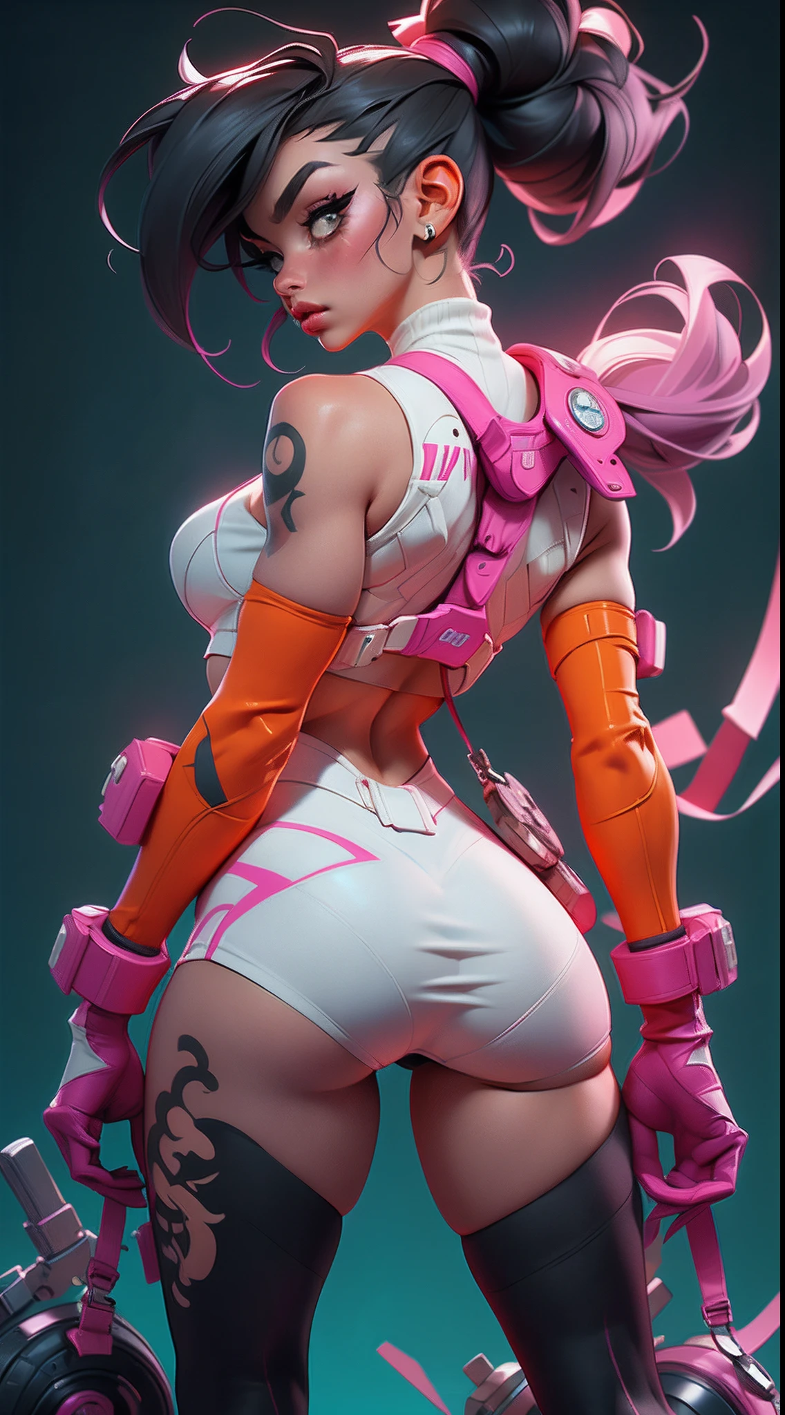 motor irreal:1.4,UHD,La mejor calidad:1.4, fotorrealista:1.4, textura de la piel:1.4, obra maestra:1.8,y pcalienteography ultra detallada, Juri Han,La chica bonita Juri Han de Street Fighter,posing from behind,Gimnasio cyberpunk, grande,  guapa,  neon light. lleva un (Orange Lingerie Socks Clothing),gimnasio, y un (Cuerda negra, white pattern :1.2) , ((beautiful and aesthetic)), sexy, senos grandes, caliente, pecho grande, Backward position, Gimnasio cyberpunk,  gimnasio,,hermosas manos finas,