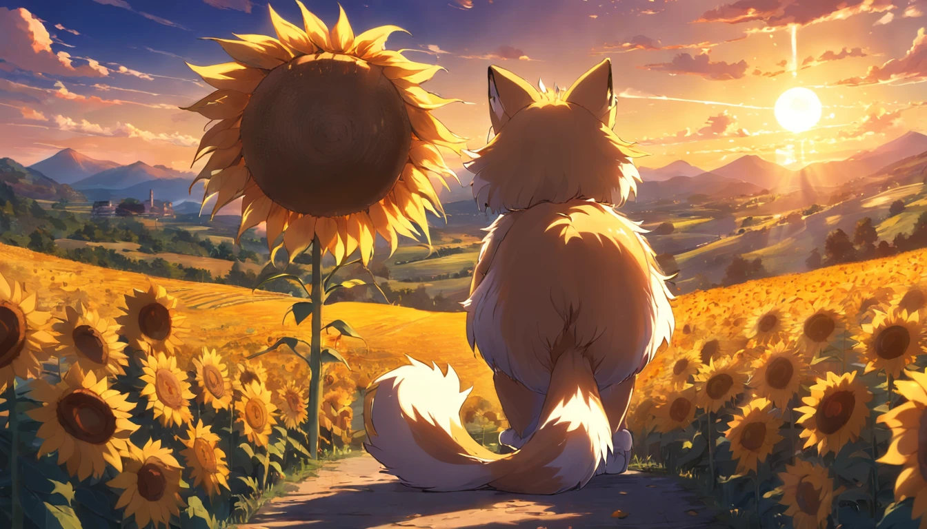 Big fluffy tail，And sunflower fields，suns