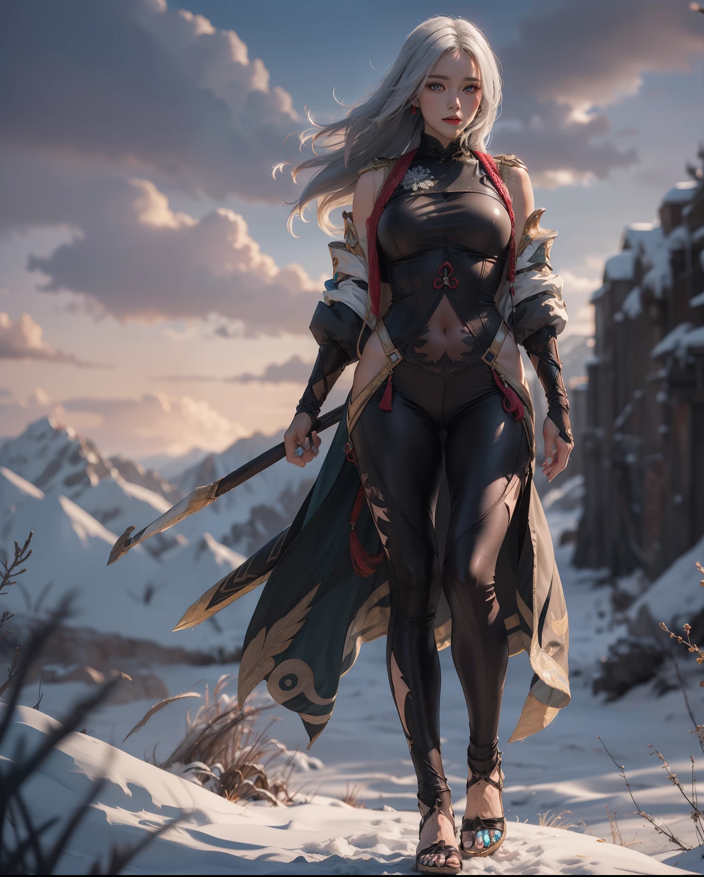 shenhedef, Upper body, Seductive look, blush, Outdoors, Snowflake landscape, Looking at Viewer, cloudy, Moody lighting, (perfect detail eyes:1.2), Glowing eyes, (Long hair braid:1.2), Elemental Skill Effects, (masutepiece, Best Quality, High quality:1.4), Professional artwork, Intricate details, field of views, Sharp Focus, detailed paintings, photorealistic lighting, trending on pixiv, (Vibrant lighting, Vibrant colors:1.05), Realistic Shadows, Ambient Occlusion, (athletic bodies:1.3), Mature Woman, 30-years old,anklets、high-heels、