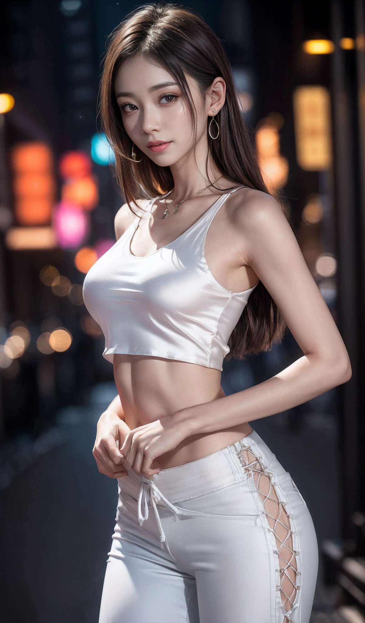 8K, Masterpiece, RAW photo, Best quality, Photorealistic, Extremely detailed Cg Unity 8K wallpaper, Depth of field, Cinematic light, Lens flare, Ray tracing, (Extremely beautiful face, Beautiful lips, Beautiful eyes), intricate detail face, ((ultra detailed skin)) 1girll, In the dark, deepshadow, Pretty Korean girl, Kpop idol, 1 girl, (Very slim and slender muscular body:1.3), ((view the viewer)),(Big smile:1.3), (Tight lace-up blouse), (Pink shirt), (Sleeveless) , (Fashion night, Dark night, (neon lights sign), (Blurred background), Fashion Street Night),(No one is in the background:1.3), Beautiful earrings, bangle, necklace, Pantyhose, Clear eyes, (Pale skin), (Big eyes), Face forward, ((upperbody shots)), ((Silk white pants:1.3)),(brown hairs),((Skinny silk pants)), (view the viewer:1.3) open breast, Very slim, Medium breasts, Turn Back, Back shot, , underwear