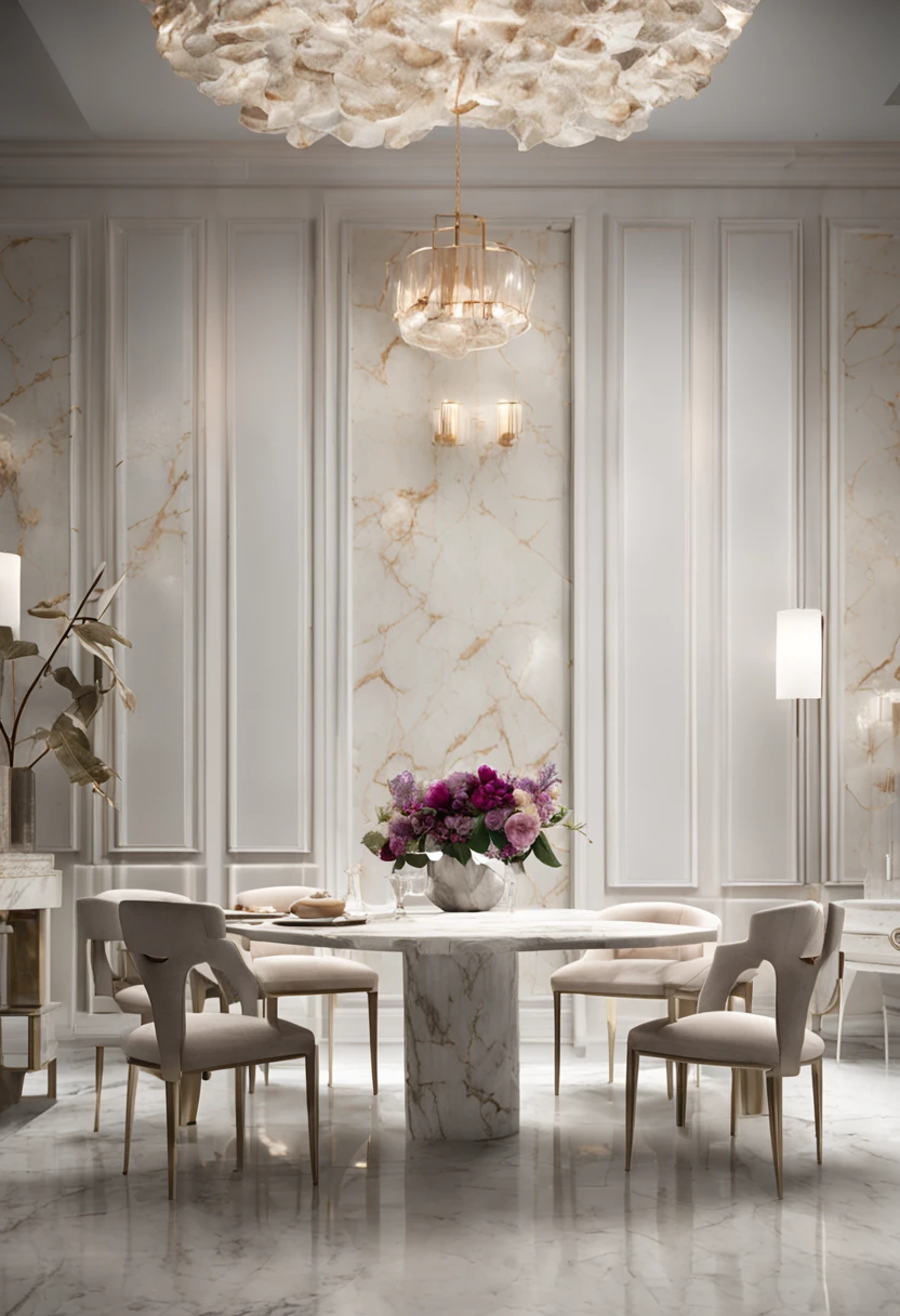 White soray wallpaper,Matte marble dining table,Gray marble tiles,The white sideboard is topped by a glass display case,Frontal display