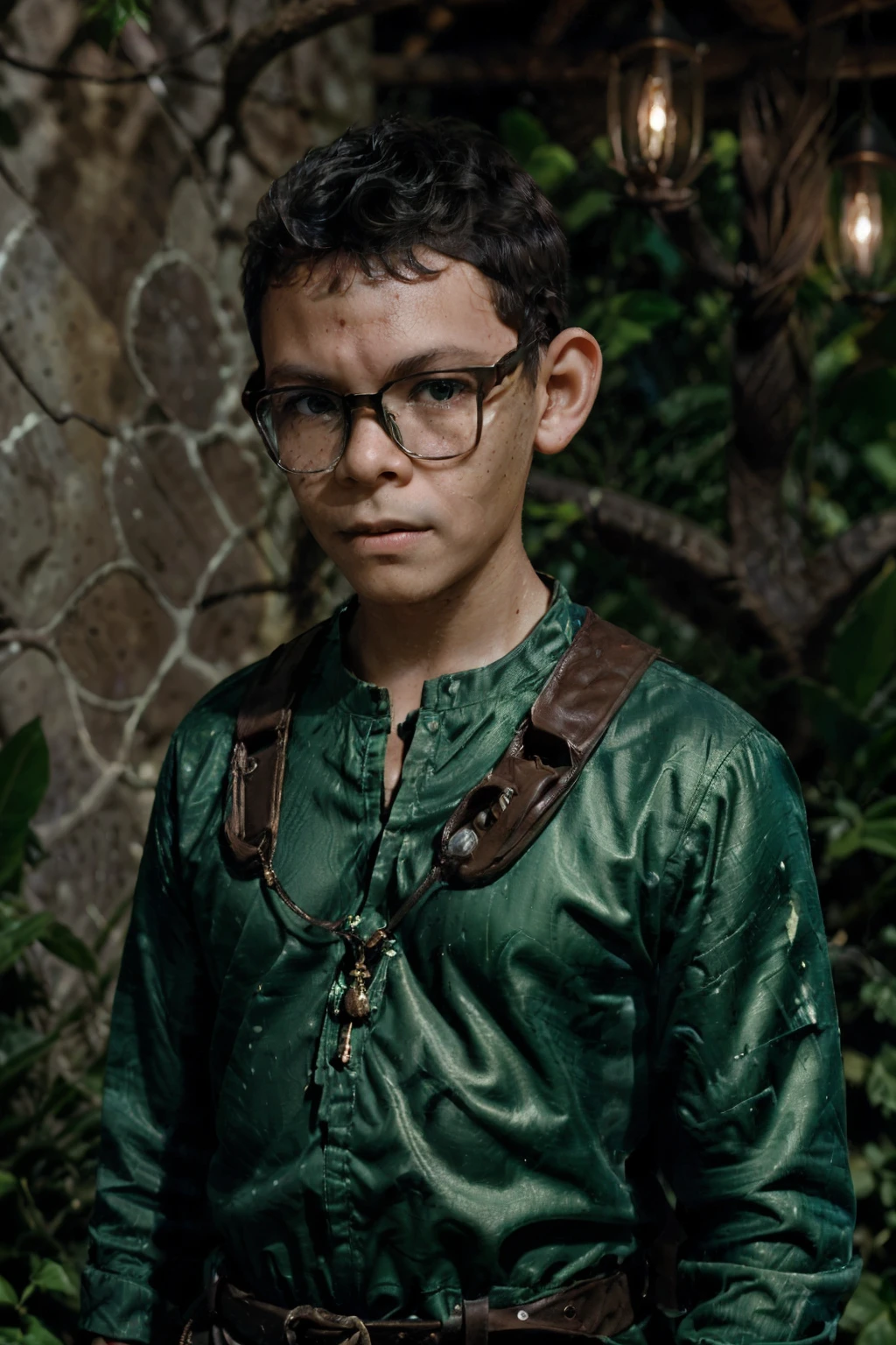 loranerdinho1, Gerar um hiper-realista, High-definition portrait of a bespectacled elf boy in the heart of a lush jungle. Este elfo deve ter um rosto detalhado (com escala 1.4), (cabelos longos brancos como prata:1.4), e estar vestido com trajes de couro. Your elven ears should be visible prominently. A cena deve ser ambientada (((in the nighttime))), com um, Almost supernatural lighting casting a crimson glow over the entire atmosphere, Creating a magical environment. The art should capture precise detail and be rendered in breathtaking 8K resolution.