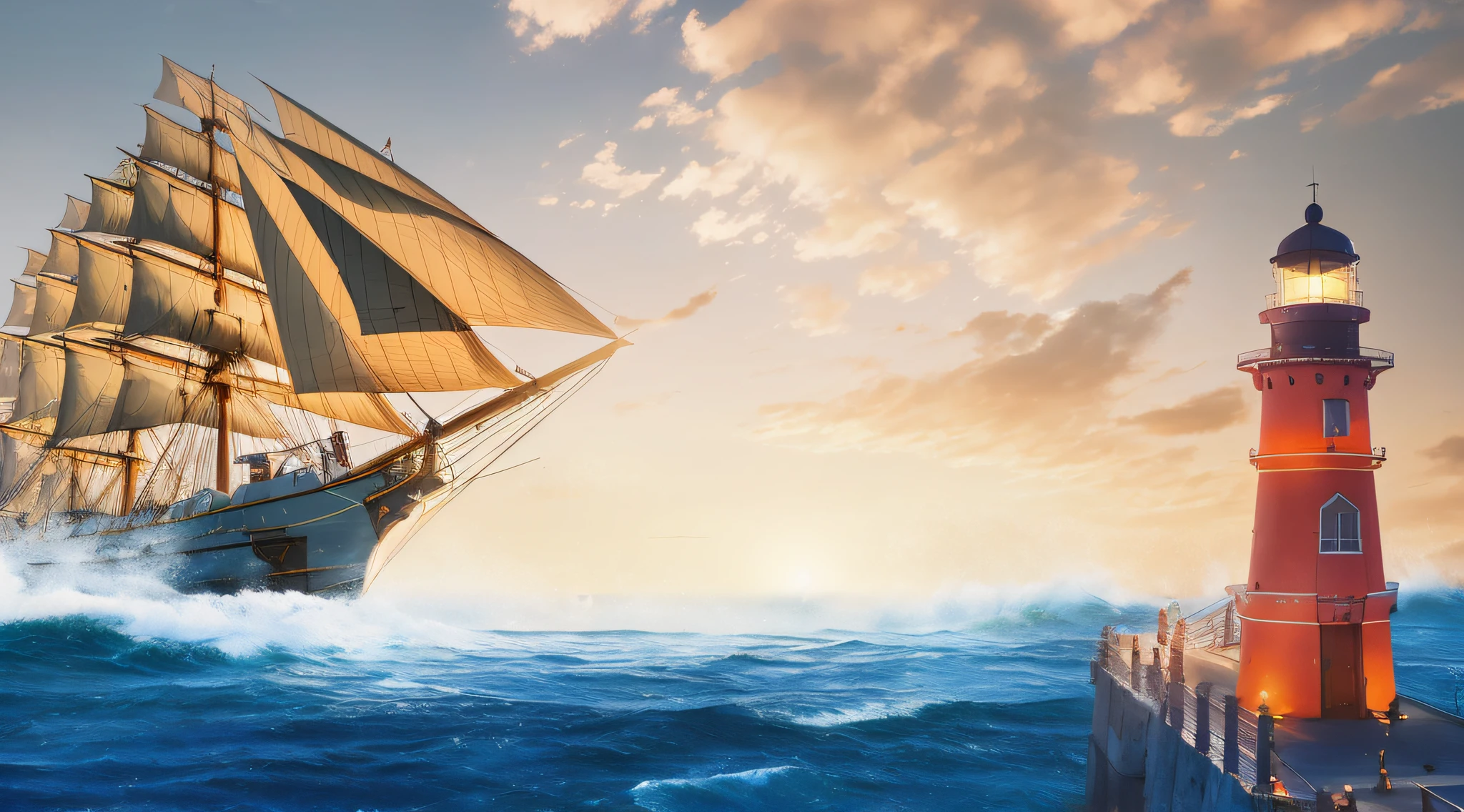 Near the lighthouse there is a large sailing ship sailing in the ocean, inspired by Ivan Aivazovsky, ship at sea, Sail ships, ships with sails, amazing wallpapers, on a pirate ship background, Dramatic nautical scenes, in style of aivazovsky, Sail ships, sails, best on adobe stock, torn sails, Sail, ships with sails underneath