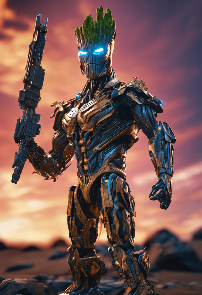 Angry Groot mecha robo soldier character, anthropomorphic figure, wearing futuristic black soldier armor and weapons, reflection mapping, realistic figure, hyperdetailed, cinematic lighting photography, 32k uhd with a golden staff, rgb lighting on suit, By: panchovilla,mecha