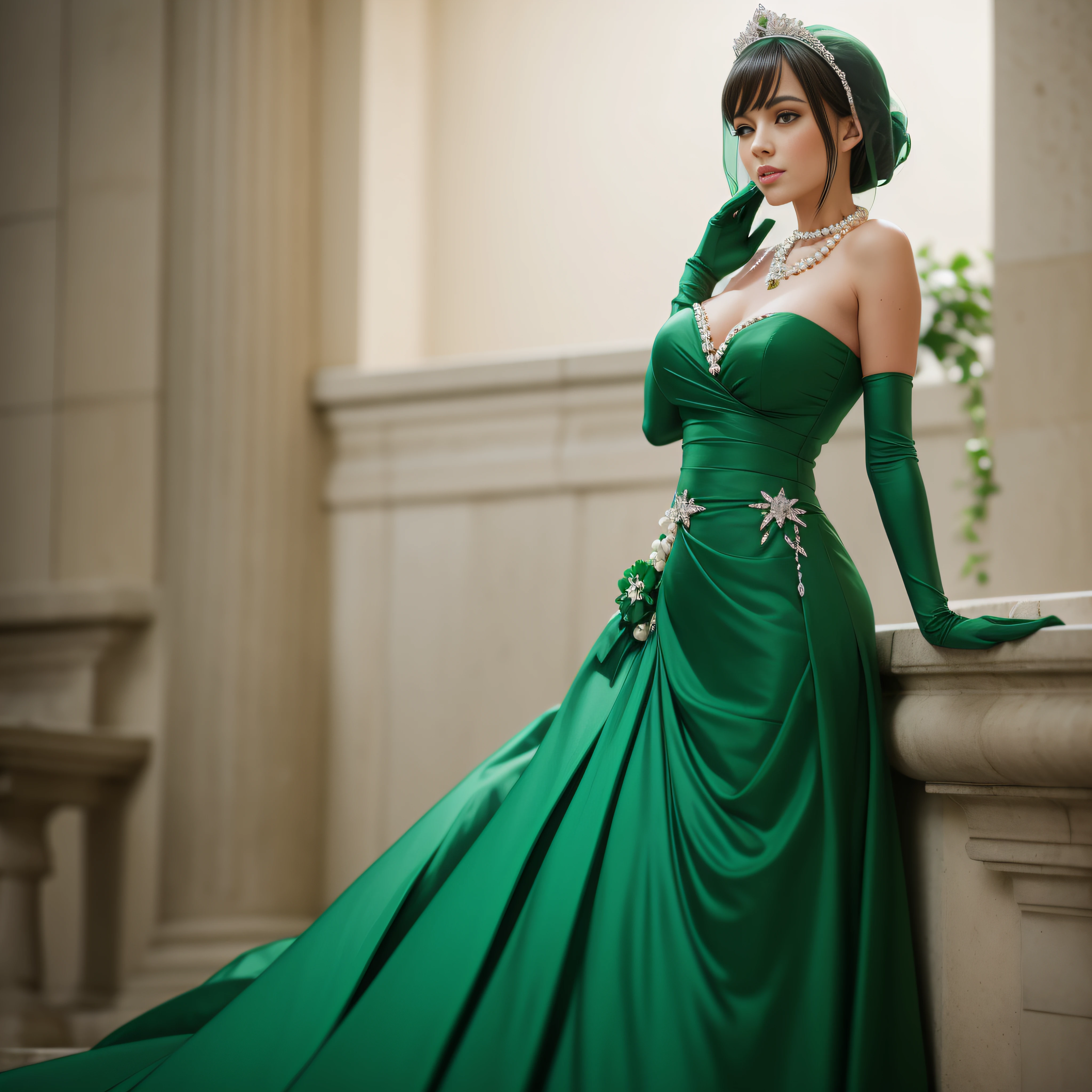 Green Dress Flower Cleanser，Sense of atmosphere, best qualtiy，tmasterpiece，1girll，30-years old，Green dress，Daytime Church，full body Esbian, Green gloves，With short black hair，big breasts beautiful，looking at viewert，ssmile，Green Bridal Veil，Green Long Grove，Satin green long gloves,　lipsticks, Green Pearl Necklace