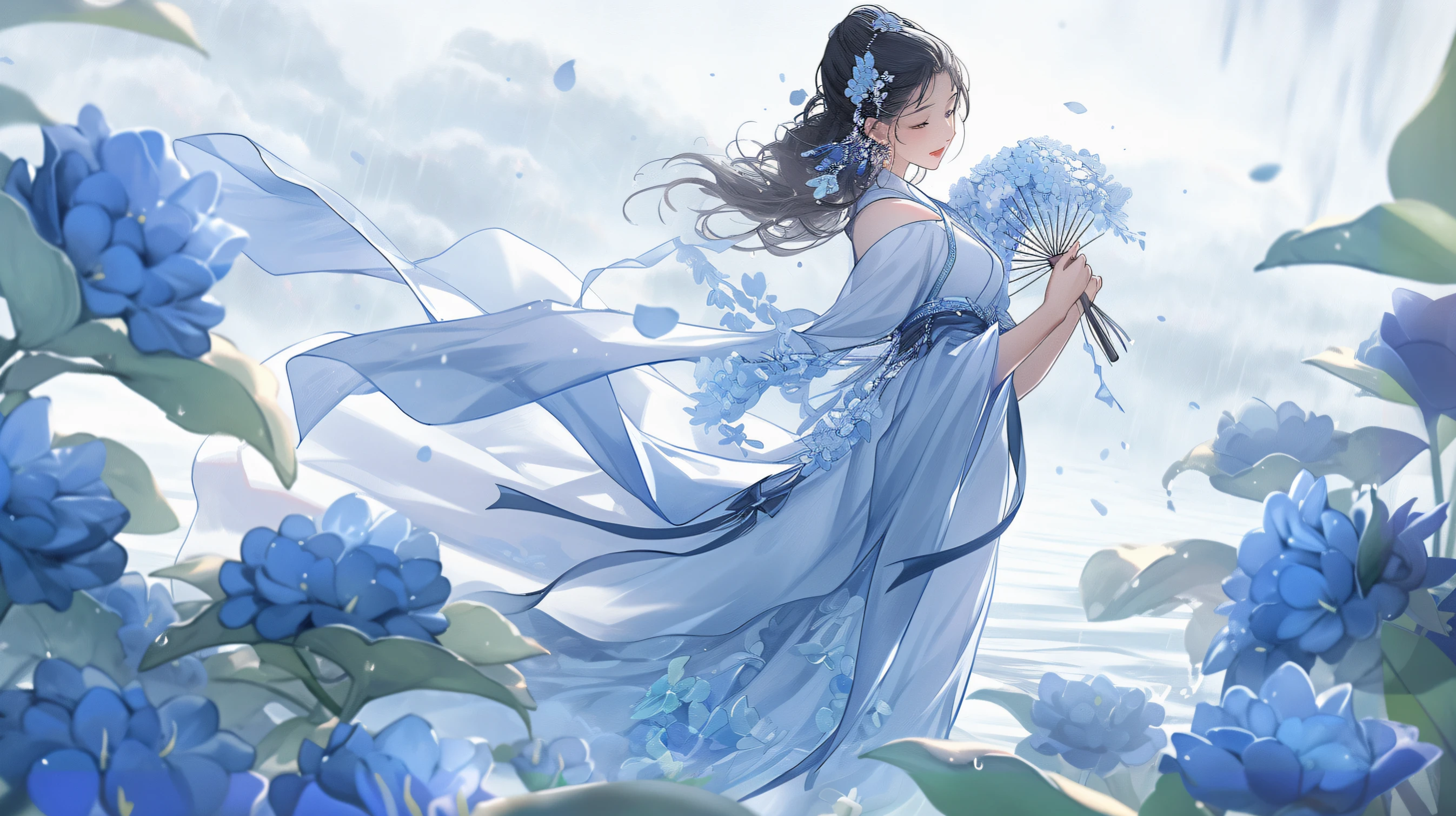 北欧　花束を持った青いドレスの女の子 青いドレスを着た女性が花束を持っています - SeaArt AI