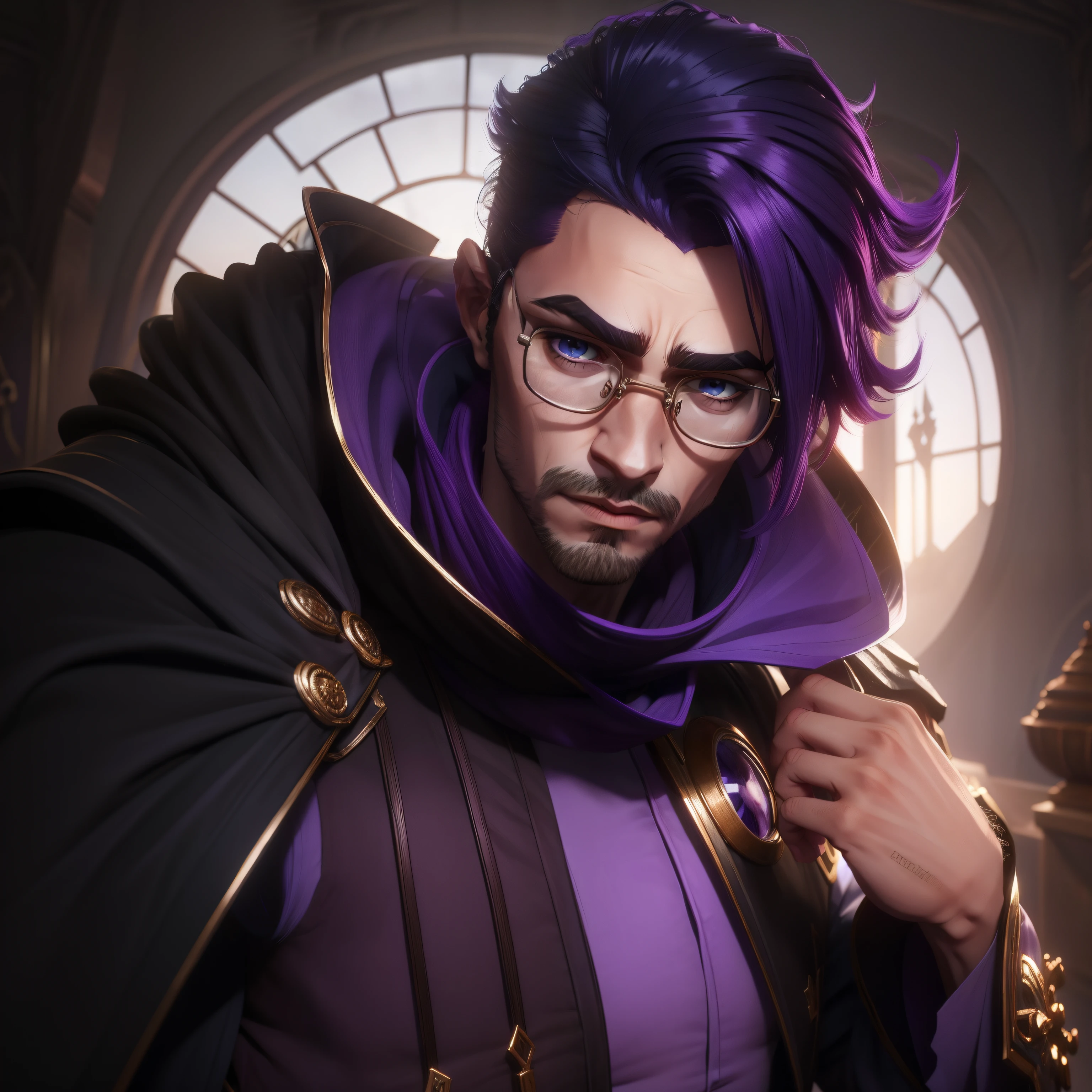 Homem de cabelo roxo, olhos roxo, eyeglass, cabelo longo espetado, roupa de mago roxo, cajado