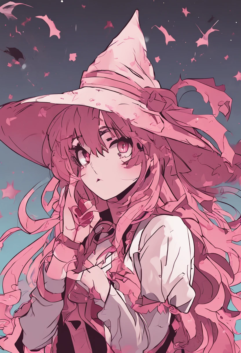 A 2D vector illustration of anime girl Wicth Vibes Halloween with pink eyes, and a Halloween hat, surrounded by bats flying around in an outlined, white background