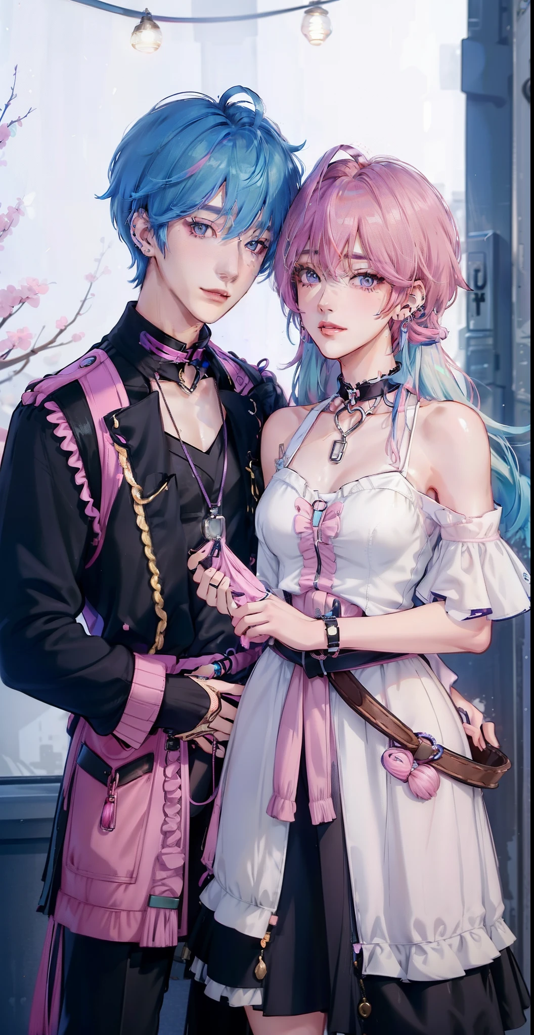 ((Male and female couples)), Idol couple, Idol Photos, Magazine covers, Photos of actors, Professional Photos, Height difference, tall male, Happiness, youthfulness, lovey-dovey, extra detailed face, detailed punk hair, very detailed character, inspired by Sim Sa-jeong, single realistic face, Cai Xukun's, detailed realistic faces, highly detailed realistic face, high detailed face anime, realistic detailed face, Accurate detailed face, attractive androgynous humanoid, Black Casual Idol Costume, ((Man with light blue hair)), ((Woman with pink hair)), ((Woman with long hair below waist)), ((Man with short hair over ears)), ((Pink hair woman with gentle expression)), ((Man with light blue hair with wild expression)), high-level image quality, masterpiece, Photographed so that the whole body can be seen, Photographed to make clothes look beautiful, Take your eyes off, ((two individuals)), ((British couple))