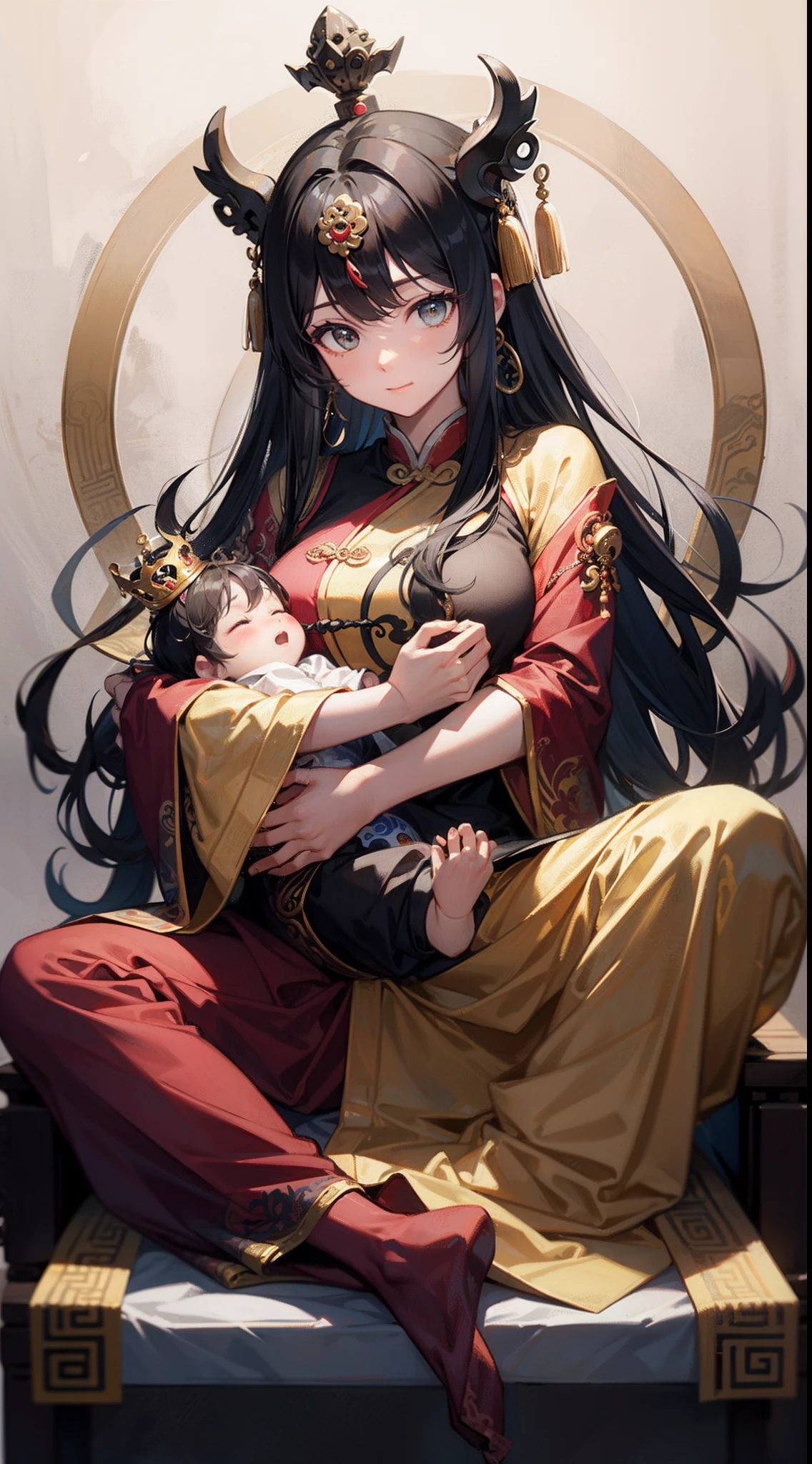 Chinese historical drama style A beautiful royal woman giving her all in childbirth. A young black-haired Chinese queen in cheongsam. She gives birth in an old Chinese maternity hospital. She is lying on her back on a shiny floral futon, giving birth, with her legs spread, exposing her thinly haired genitals, and gasping in agony. The Emperor attends her as she gives birth