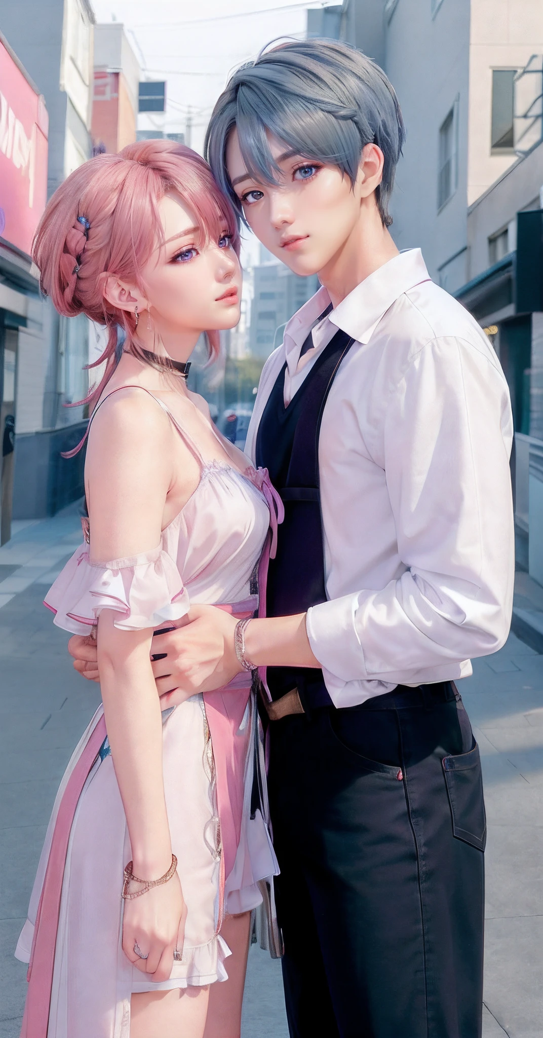 ((Male and female couples)), Idol couple, Idol Photos, Magazine covers, Photos of actors, Professional Photos, Height difference, tall male, Happiness, youthfulness, lovey-dovey, extra detailed face, detailed punk hair, very detailed character, inspired by Sim Sa-jeong, single realistic face, Cai Xukun's, detailed realistic faces, highly detailed realistic face, high detailed face anime, realistic detailed face, Accurate detailed face, attractive androgynous humanoid, Black Casual Idol Costume, ((Man with light blue hair)), ((Woman with pink hair)), ((Woman with long hair below waist)), ((Man with short hair over ears)), ((Pink hair woman with gentle expression)), ((Man with light blue hair with wild expression)), high-level image quality, masterpiece, Photographed so that the whole body can be seen, Photographed to make clothes look beautiful, Take your eyes off, ((two individuals)), ((British couple))