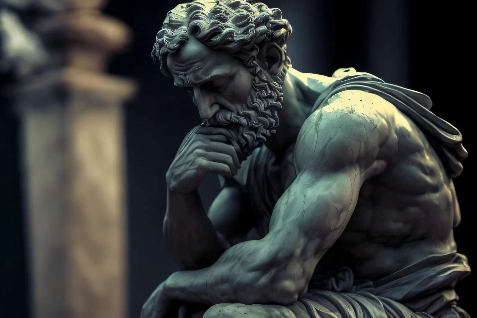 The statue of the Thinker is an iconic work of art created by French sculptor Auguste Rodin. Also known as Le penseur, Esta escultura retrata um homem nu sentado em uma rocha, hand on her chin, in deep contemplation and reflection. The statue represents the figuration of human thought, simbolizando a busca do conhecimento, Philosophy and introspection. ((feito de pedra)), , Epic character composition, Por Ilya Kuvshinov, alessio albi, Nina Masic, foco nítido, natural lightting, subsurface dispersion, f2, 35 mm, Grain Film