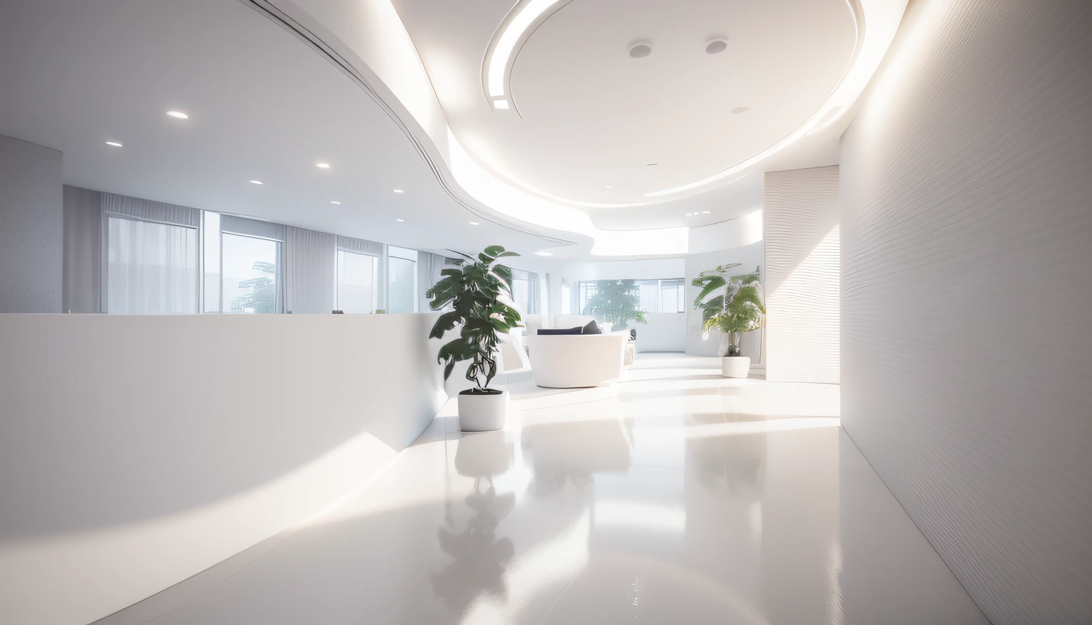 there is a white reception in a large room haveing curve line lighting, all white render, minimalist interior, back ground is minimalist white wall ( lighting realistic, see throung office workspace), led lighting on ceiling, white-space-surrounding, rendered in v-ray, smooth surface render, in style minimalist, elegant render, white concrete floor, smooth curvature design