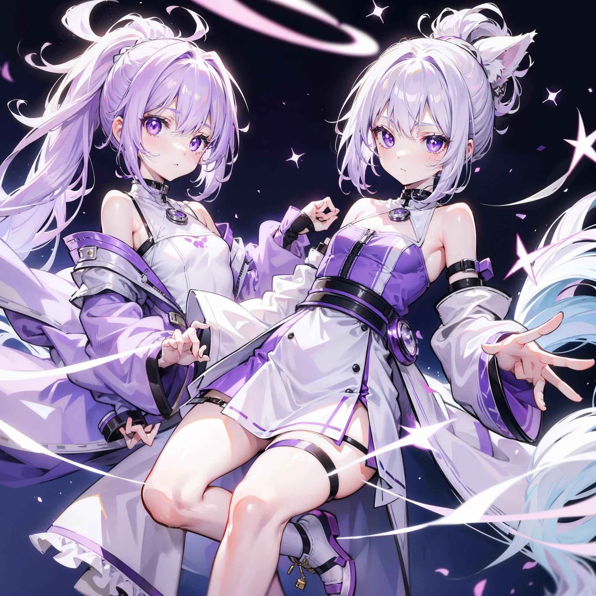 Lilac hair and ponytail,Milky white and bright light purple pupils and clothes,Petite figure,Very small, Sweet loli,This is a furry girl