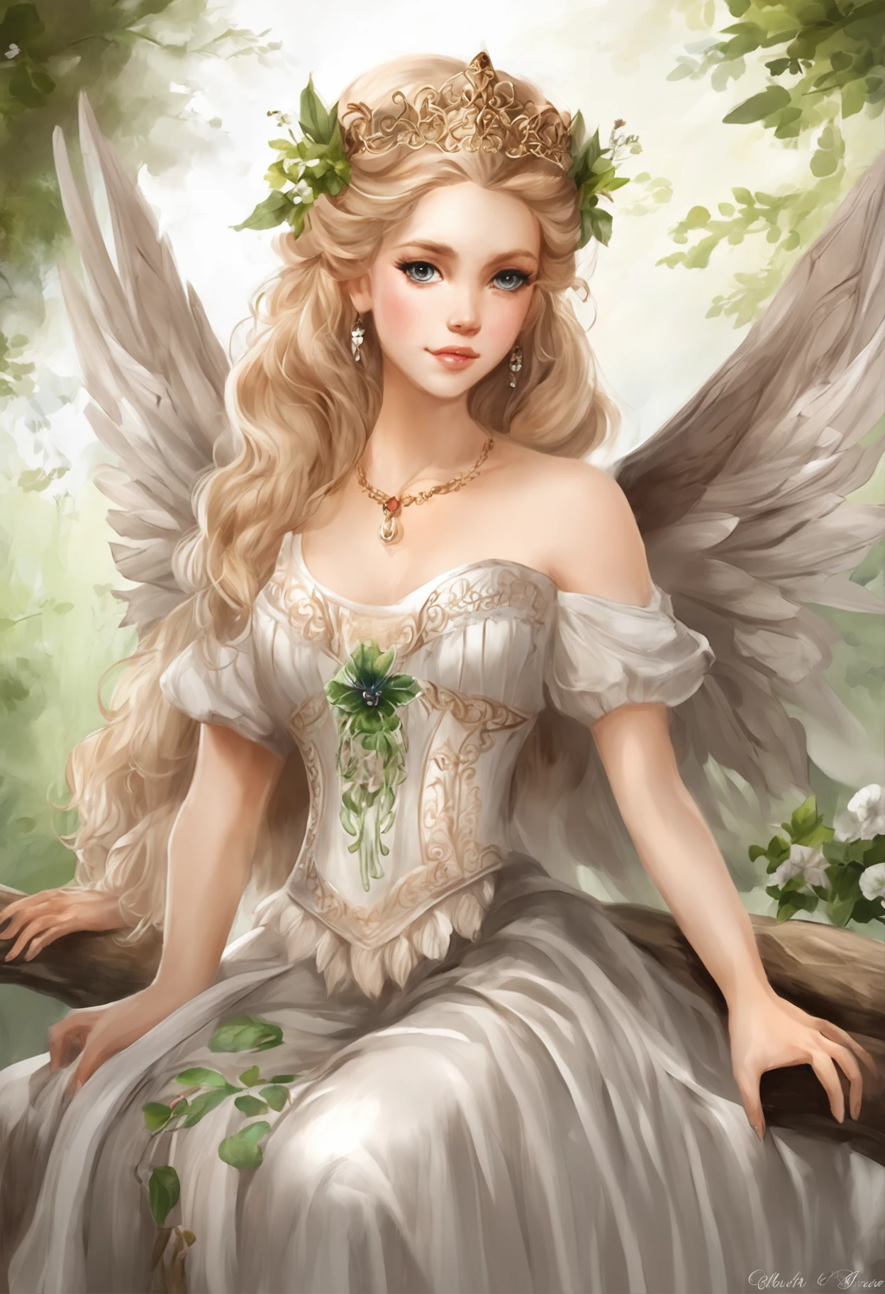 Fairies in the woods，hold a flower, princess portrait, Guviz-style artwork, blond-haired princess, portrait of princess, Guviz, Empress of France, portrait of a princess, portrait of princess zelda, in the art style of bowater, Baroque fluffy skirt，Fantasy art style, beautiful fantasy maiden，Exquisite and perfect facial features，美丽细致的眼睛，long eyelasher，Delicate eyeliner，Blue eyes，Dark pupils，There are bright spots in the eyes，almond eyes，Beautiful lip details，8K high-definition，anatomy correct，Oil painting thick painting style